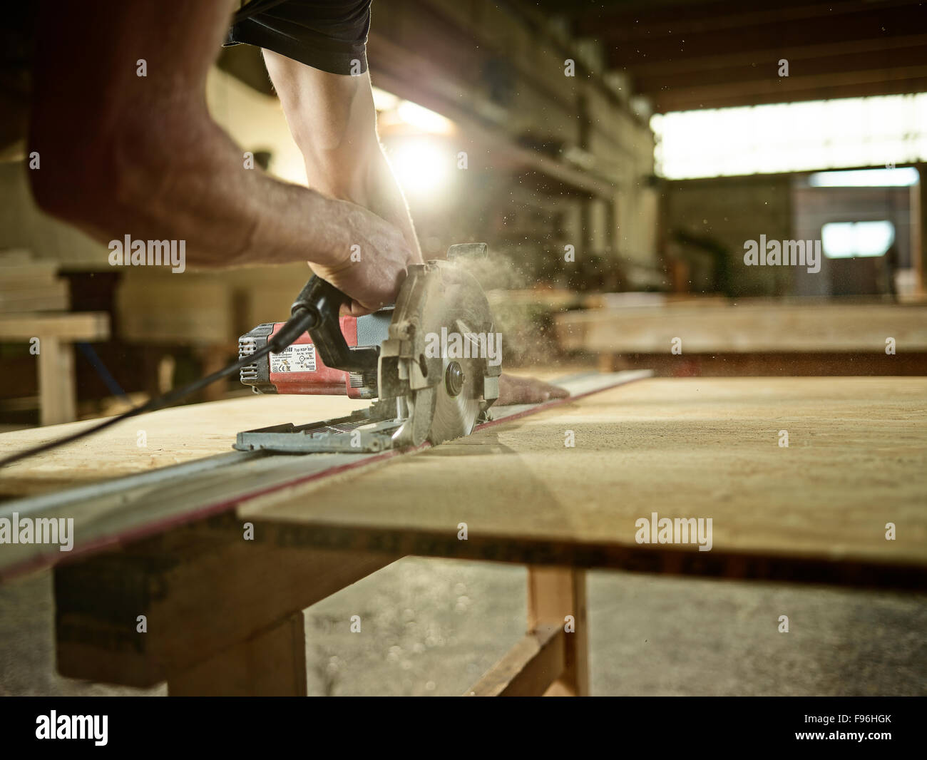 Carpenter truciolare di taglio con una sega circolare, Austria Foto Stock