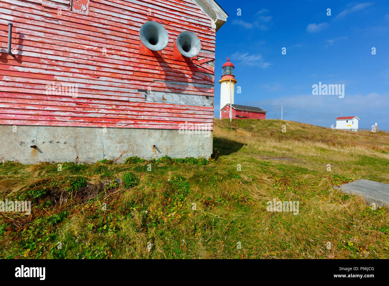 Corni da nebbia, Cape Race lighthouse National Historic Site, Terranova, Canada Foto Stock
