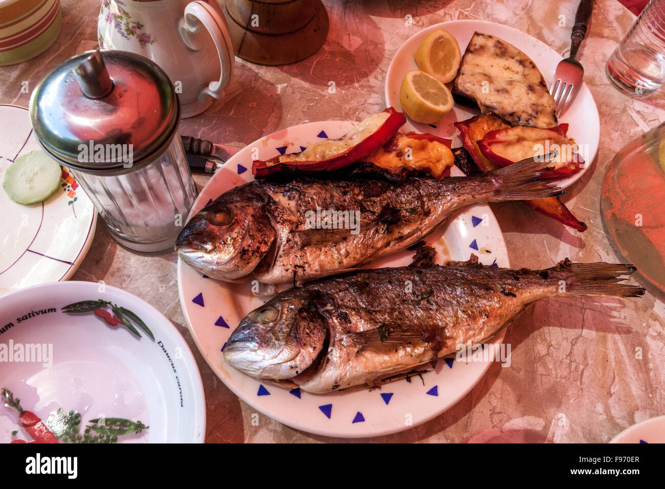 Grigliate Sea Beam in piatto dorado pasto di pesce Foto Stock