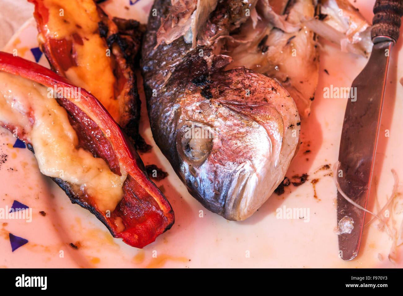 Grigliate Sea Beam in piatto dorado pasto di pesce Foto Stock