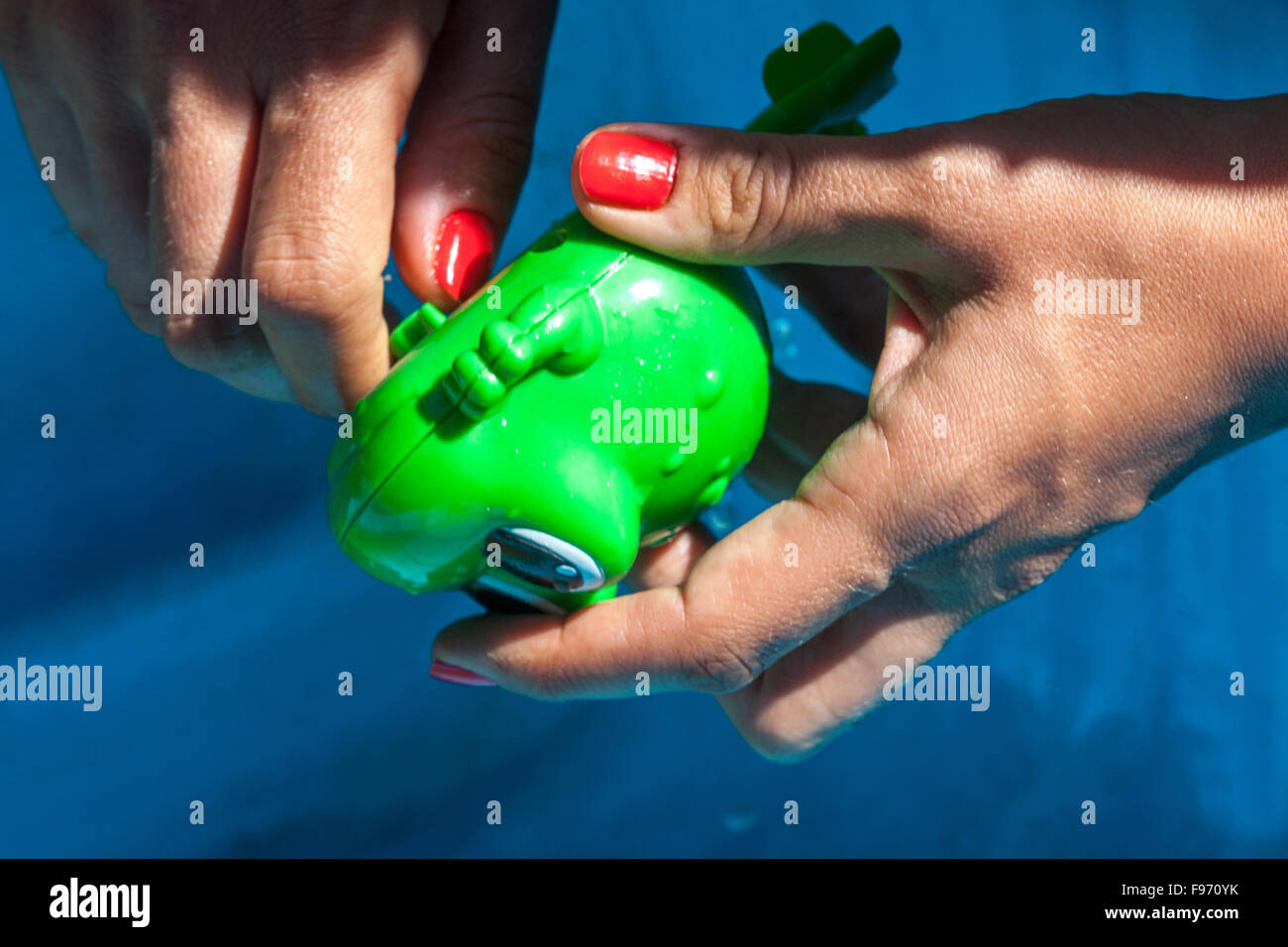 Orologio giocattolo con rana di plastica, rana giocattolo in mani femminili Foto Stock