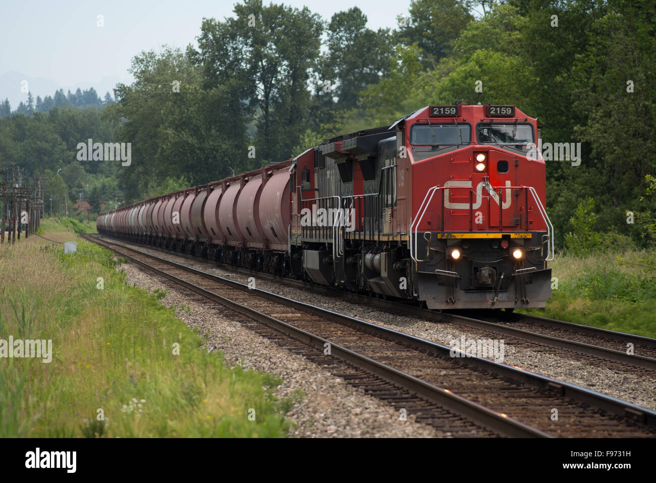 CN (Canadian National) treno viaggia attraverso Burnaby, British Columbia, Canada. Foto Stock