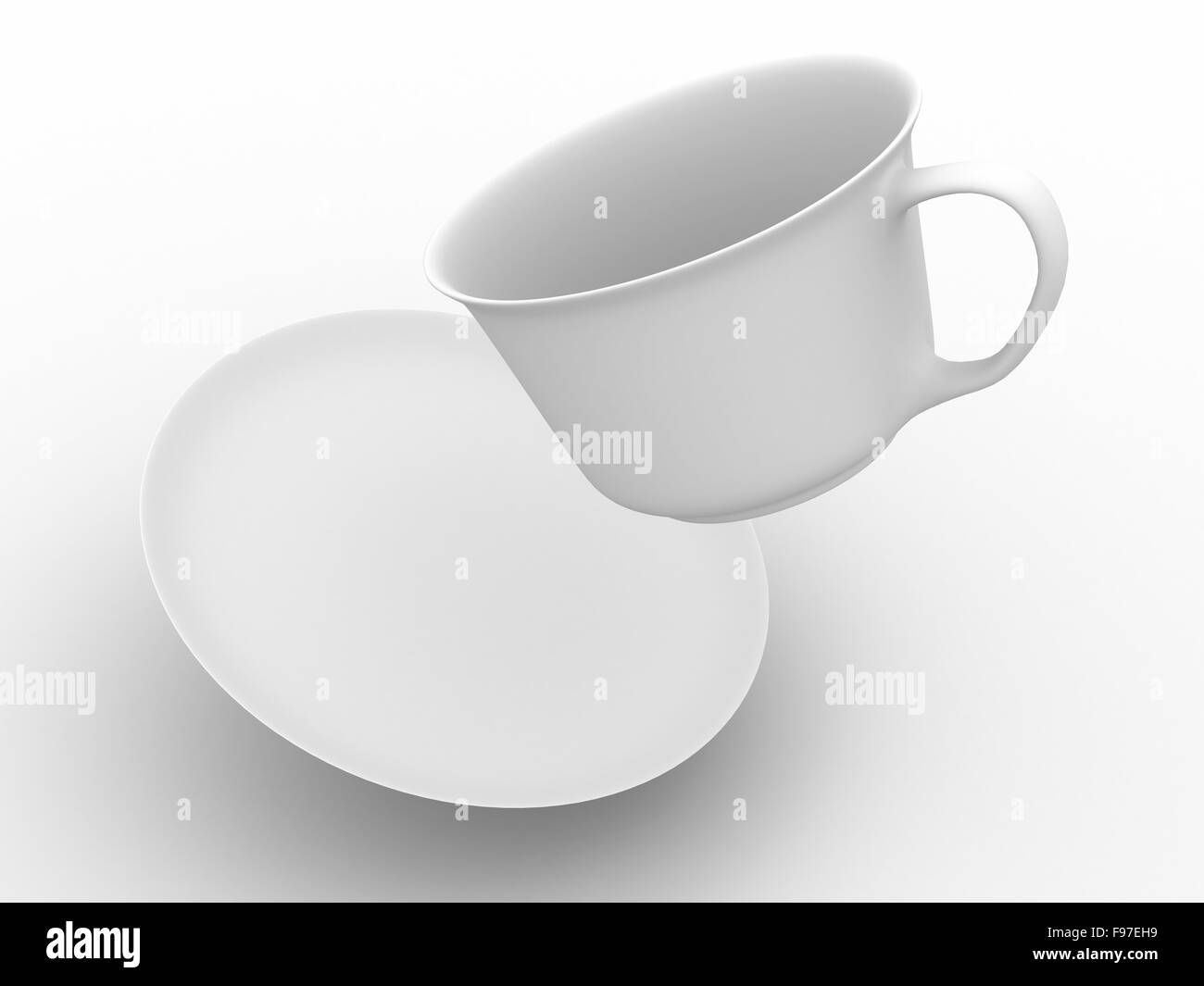 La caduta di tazza da caffè con piattino. isolato immagine 3D Foto Stock