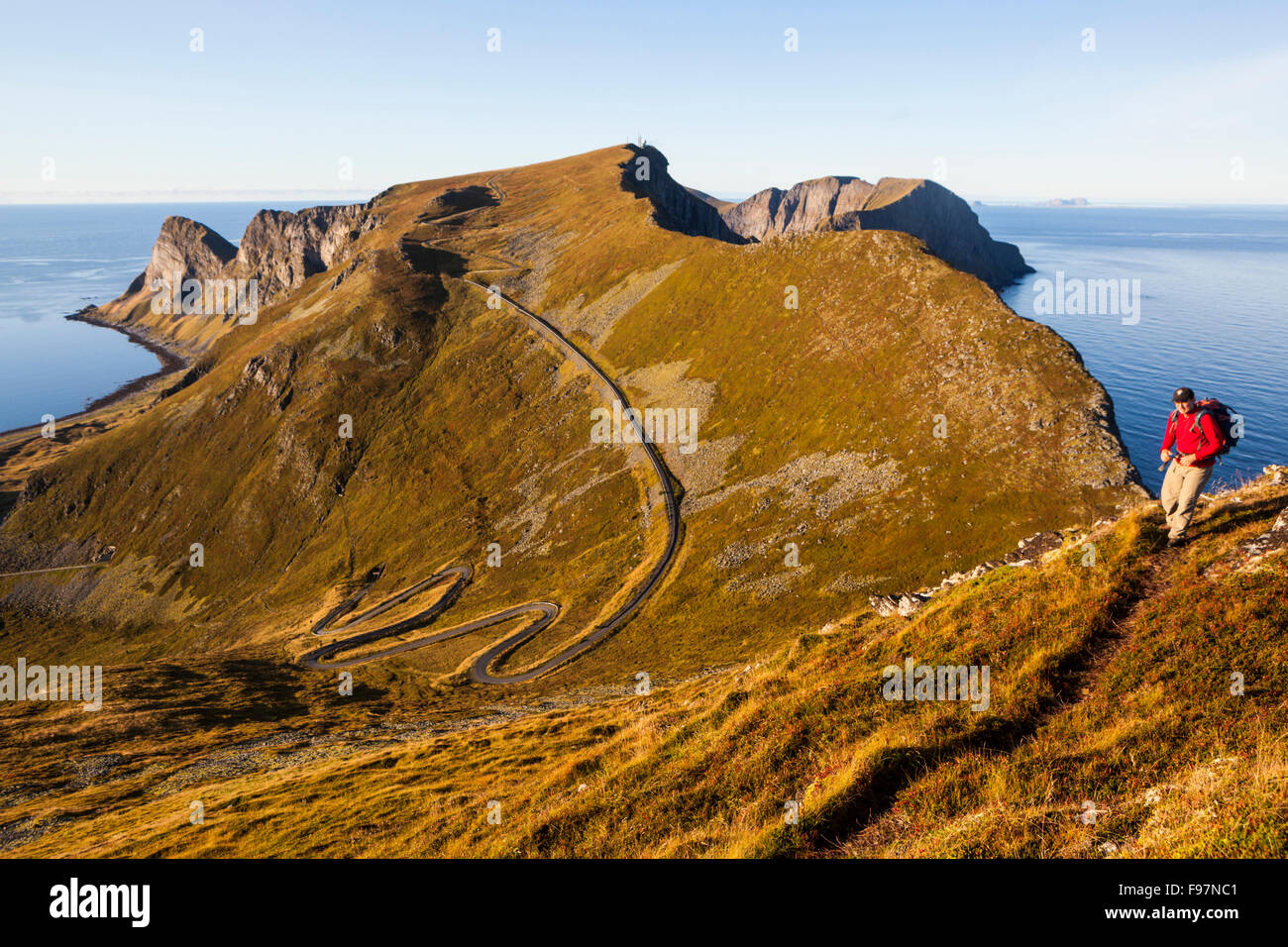 Un uomo escursioni un sentiero sulla cresta di Vaeroy isola, isole Lofoten in Norvegia a sunrise. Foto Stock