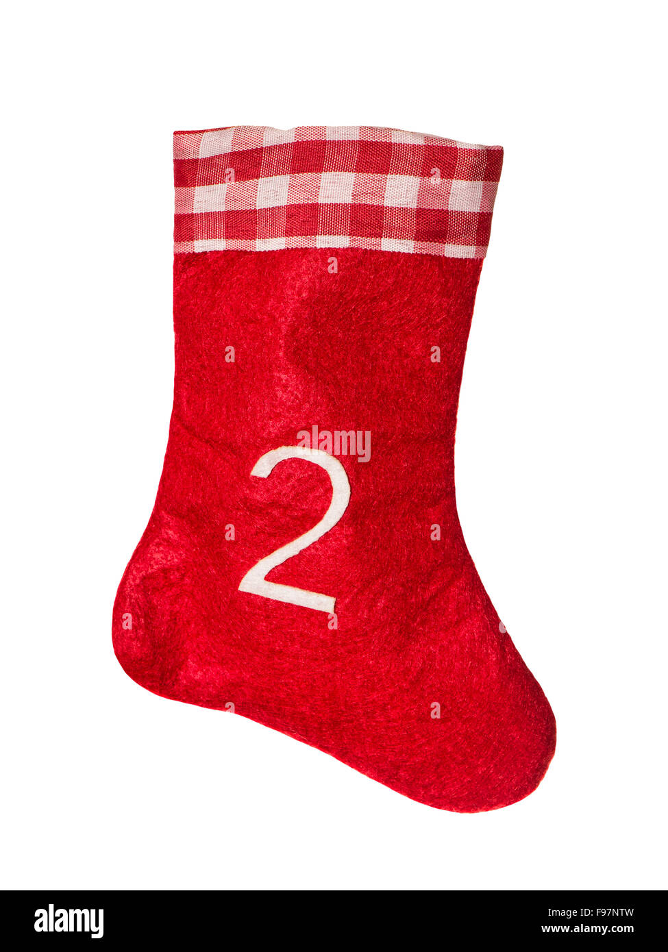 Rosso calza di Natale per i regali su uno sfondo bianco. Calza. Simbolo di Avvento Foto Stock