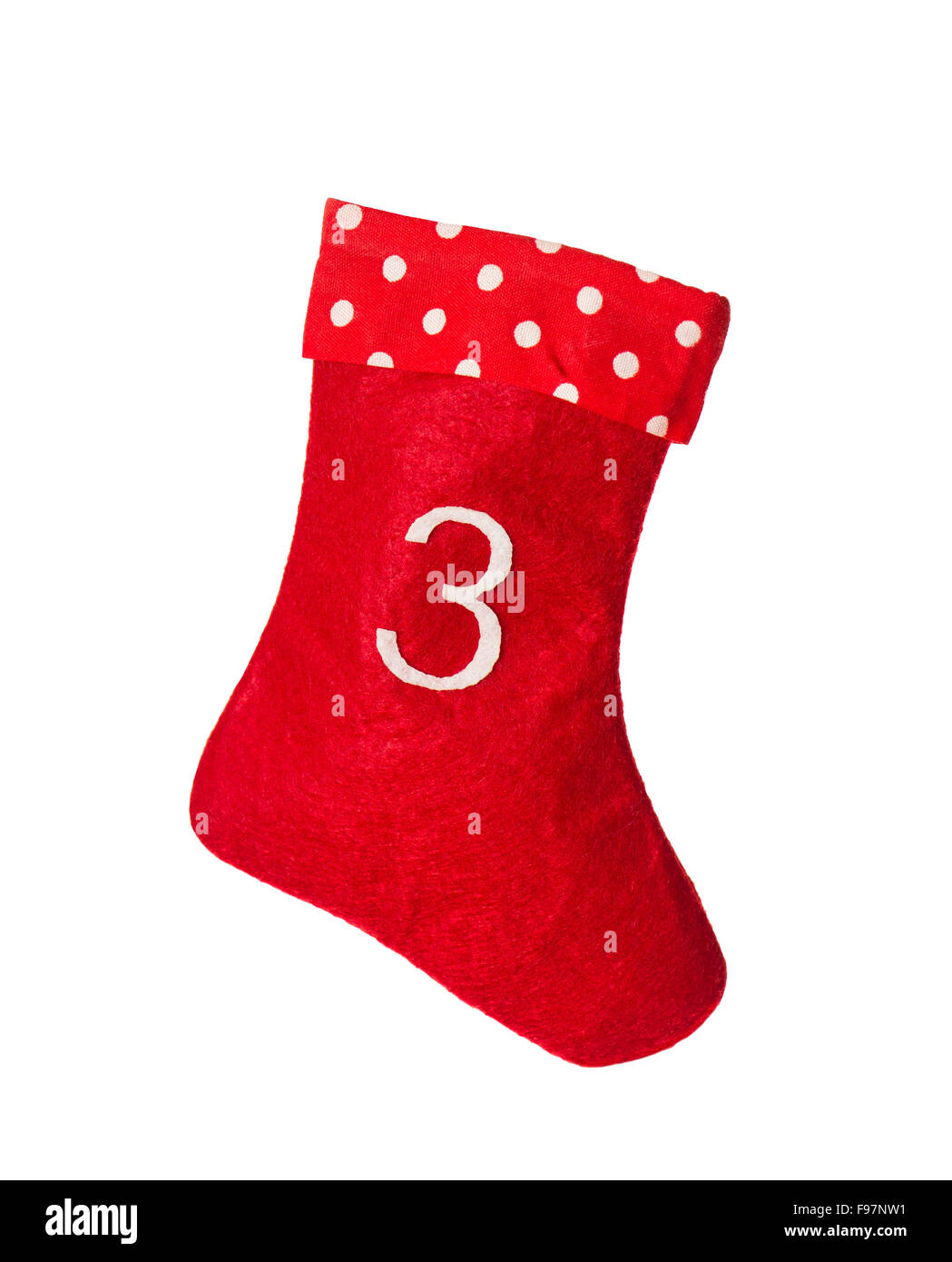 Rosso calza di Natale per i regali su uno sfondo bianco. Calza. Simbolo di Avvento Foto Stock