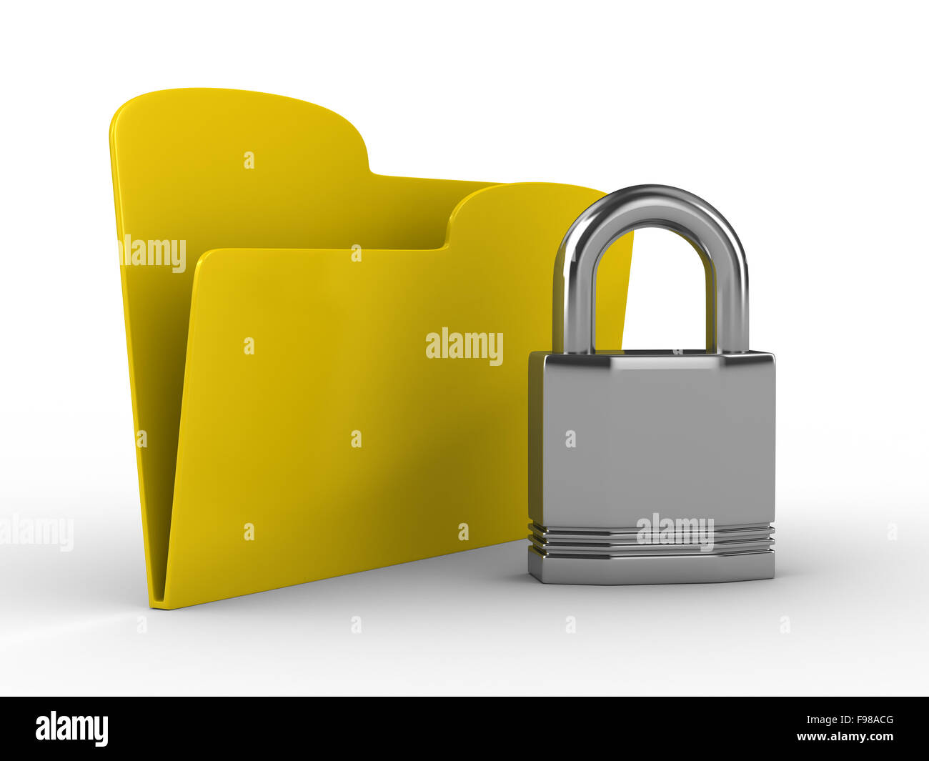 Giallo nella cartella del computer con il dispositivo di bloccaggio. Isolato immagine 3D Foto Stock