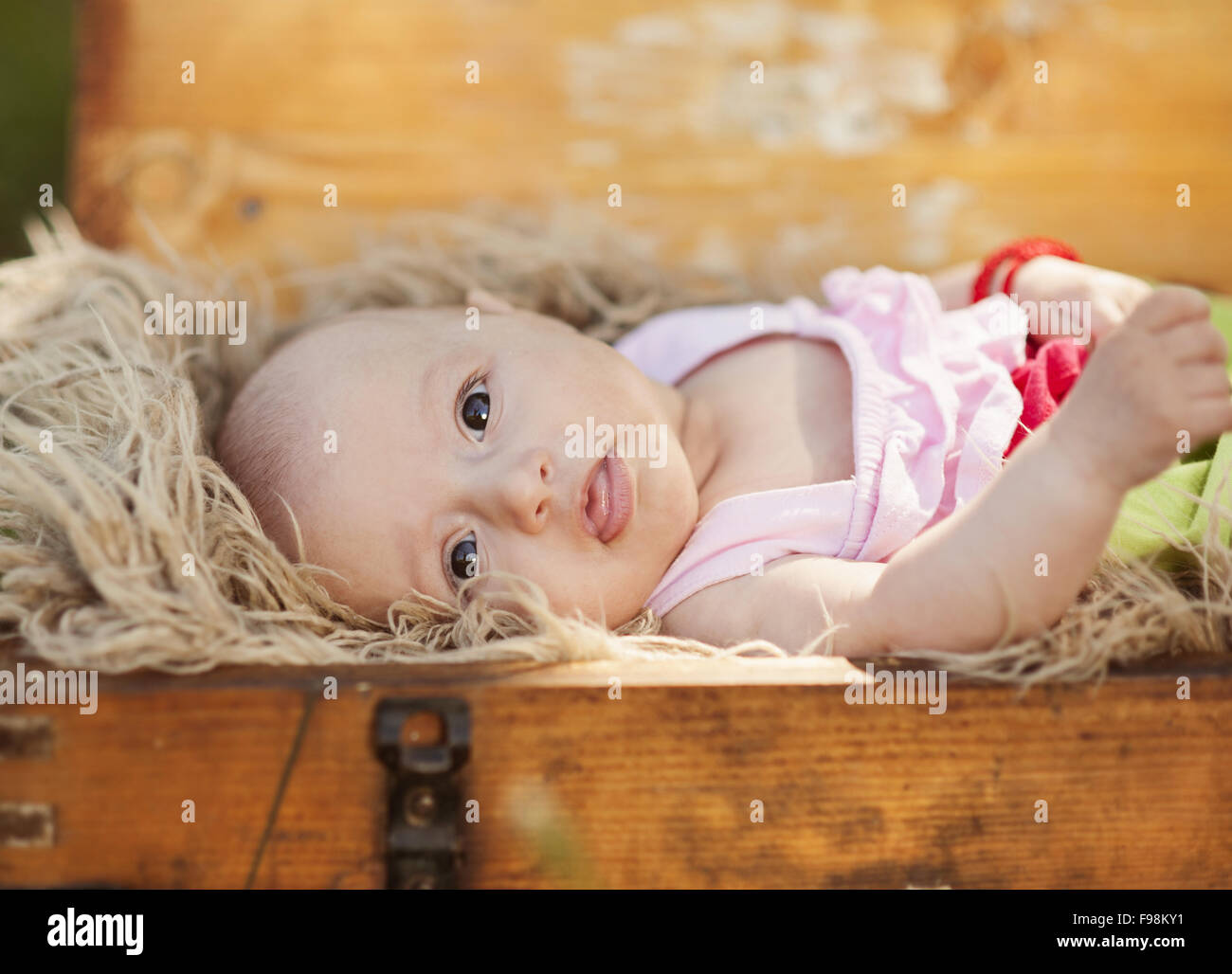 Outdoor ritratto della piccola bambina sdraiato nella vecchia valigia in legno Foto Stock