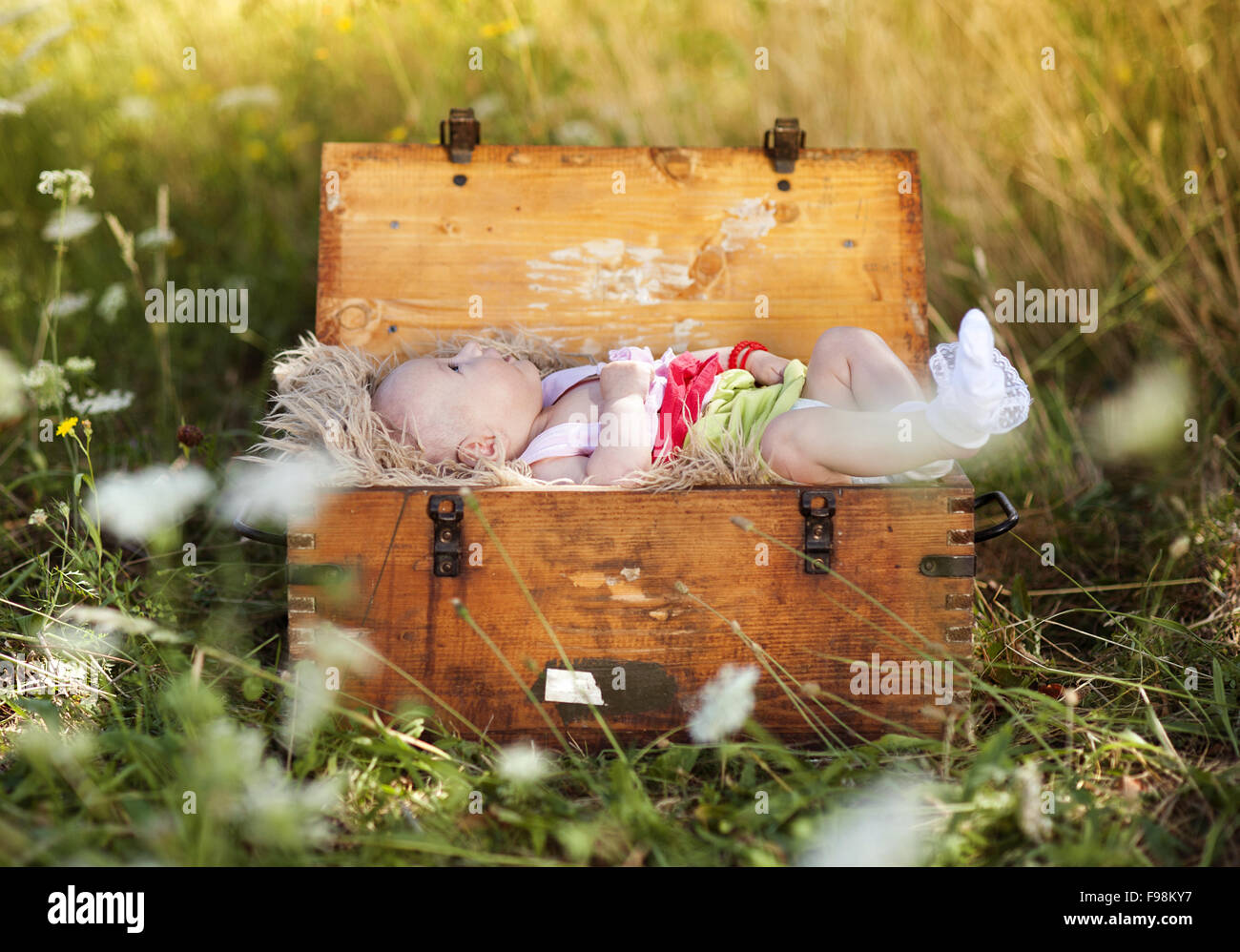 Outdoor ritratto della piccola bambina sdraiato nella vecchia valigia in legno Foto Stock
