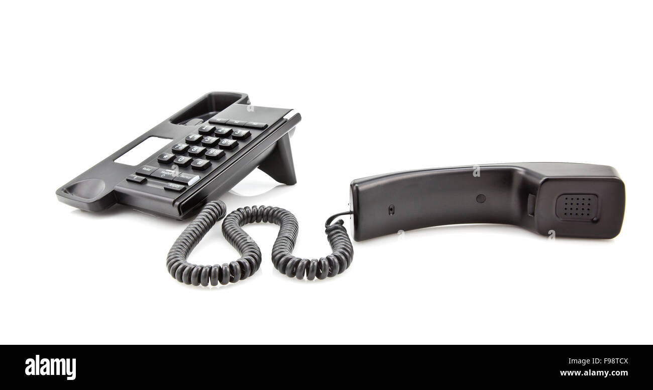 Moderno telefono nero con ricevitore su sfondo bianco Foto Stock