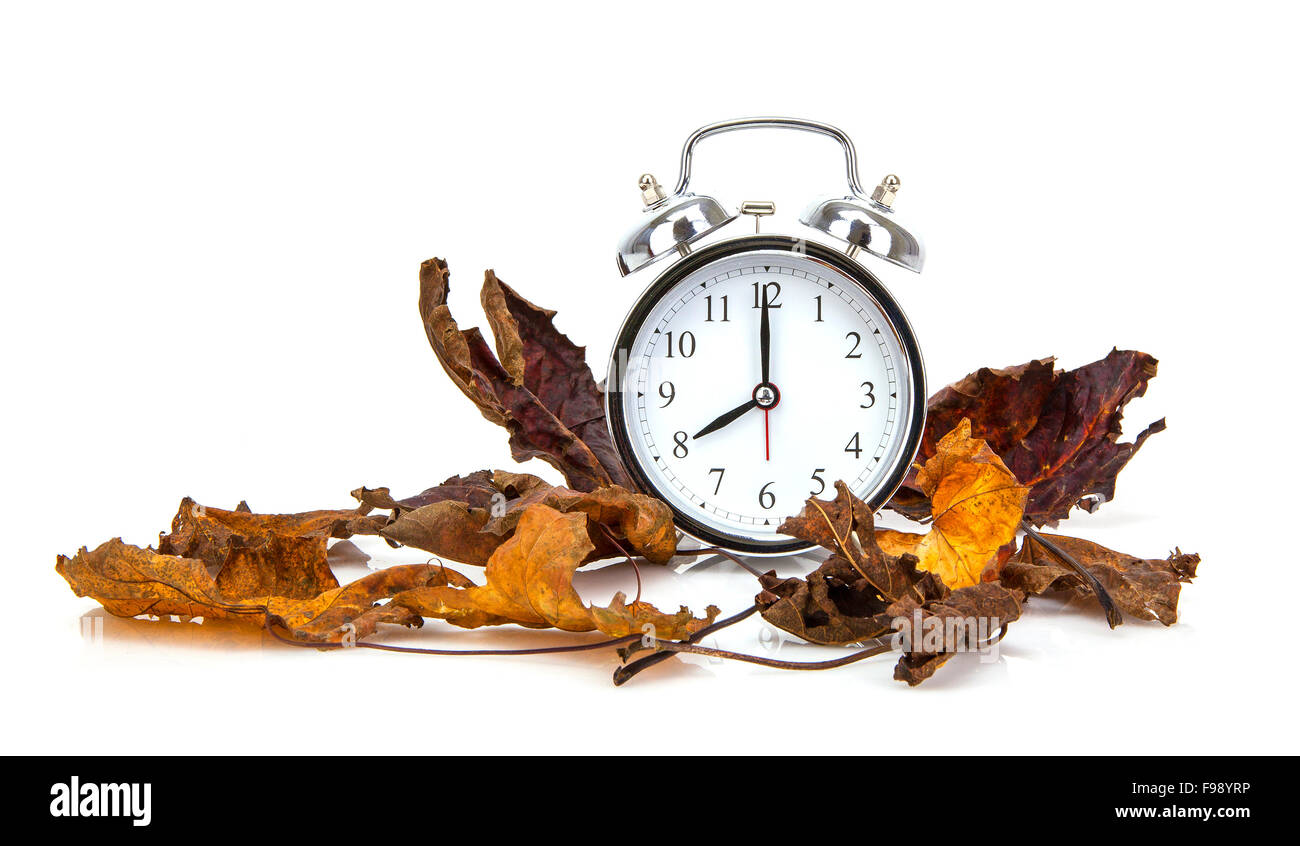 Il vecchio stile orologio sveglia con foglie di autunno su sfondo bianco Foto Stock