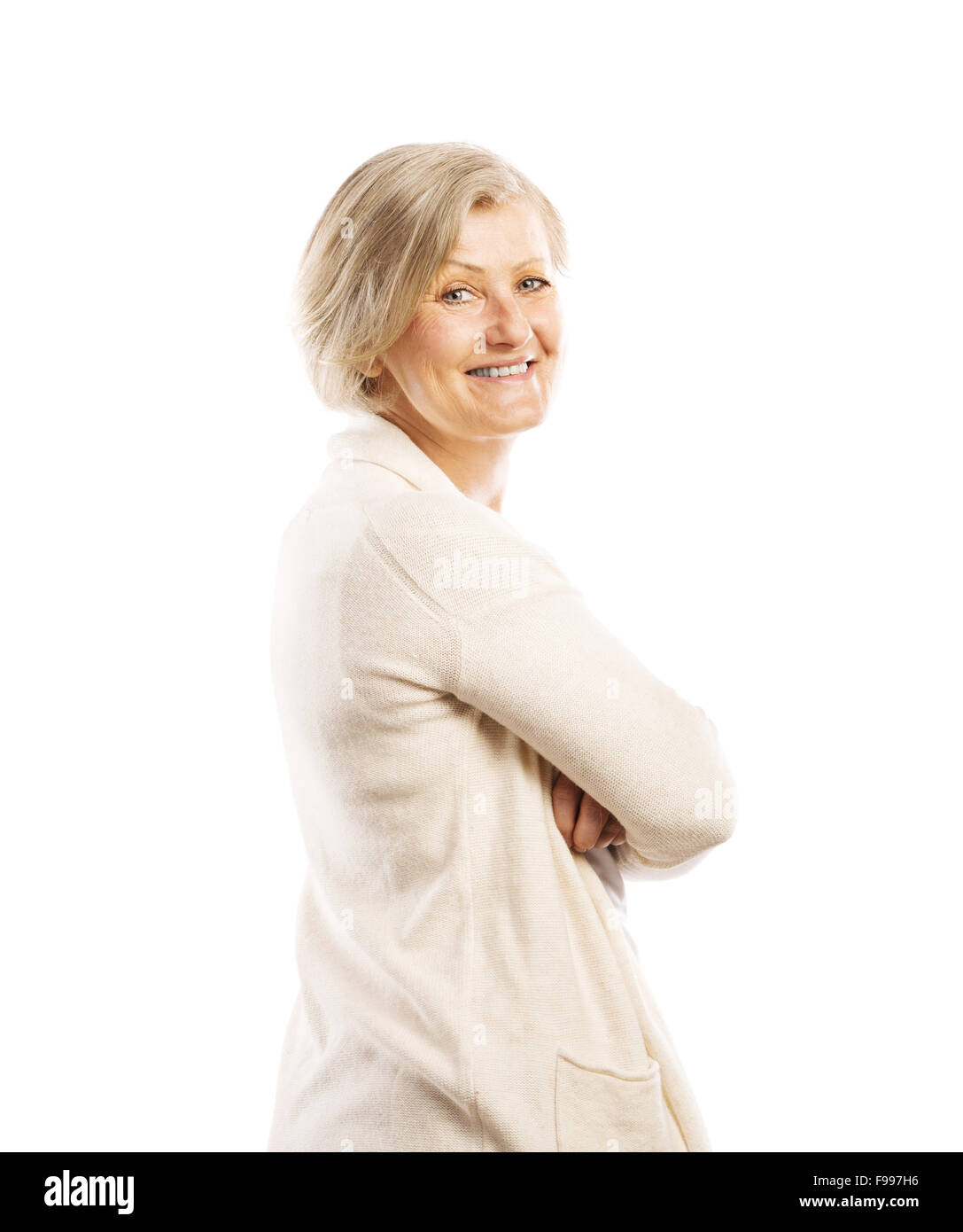 Senior donna casual style ritratto, studio shot, isolato su sfondo bianco Foto Stock