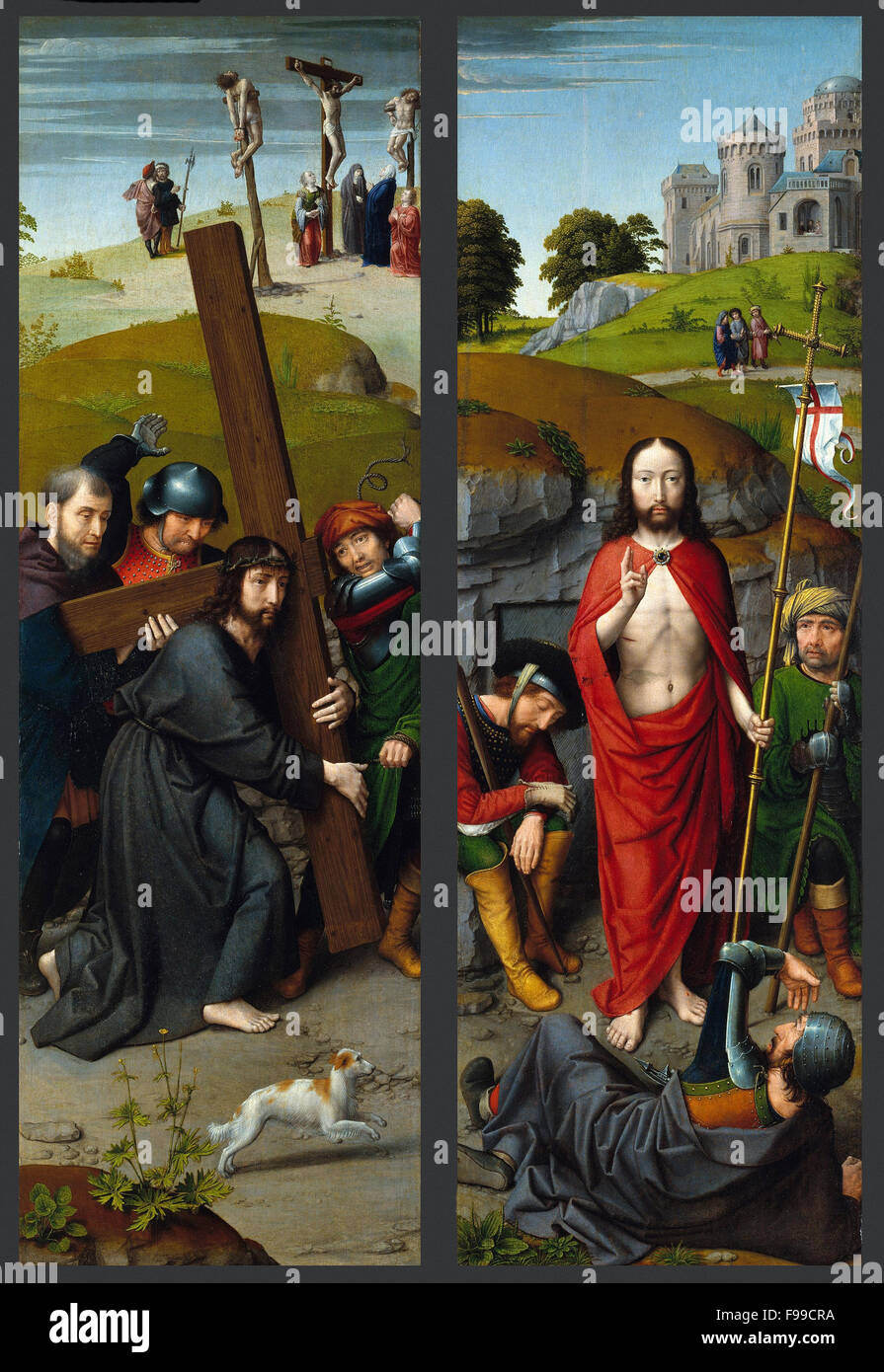 Gerard David - il Cristo che porta la croce e con la Crocifissione e La Resurrezione, con i pellegrini di Emmaus Foto Stock