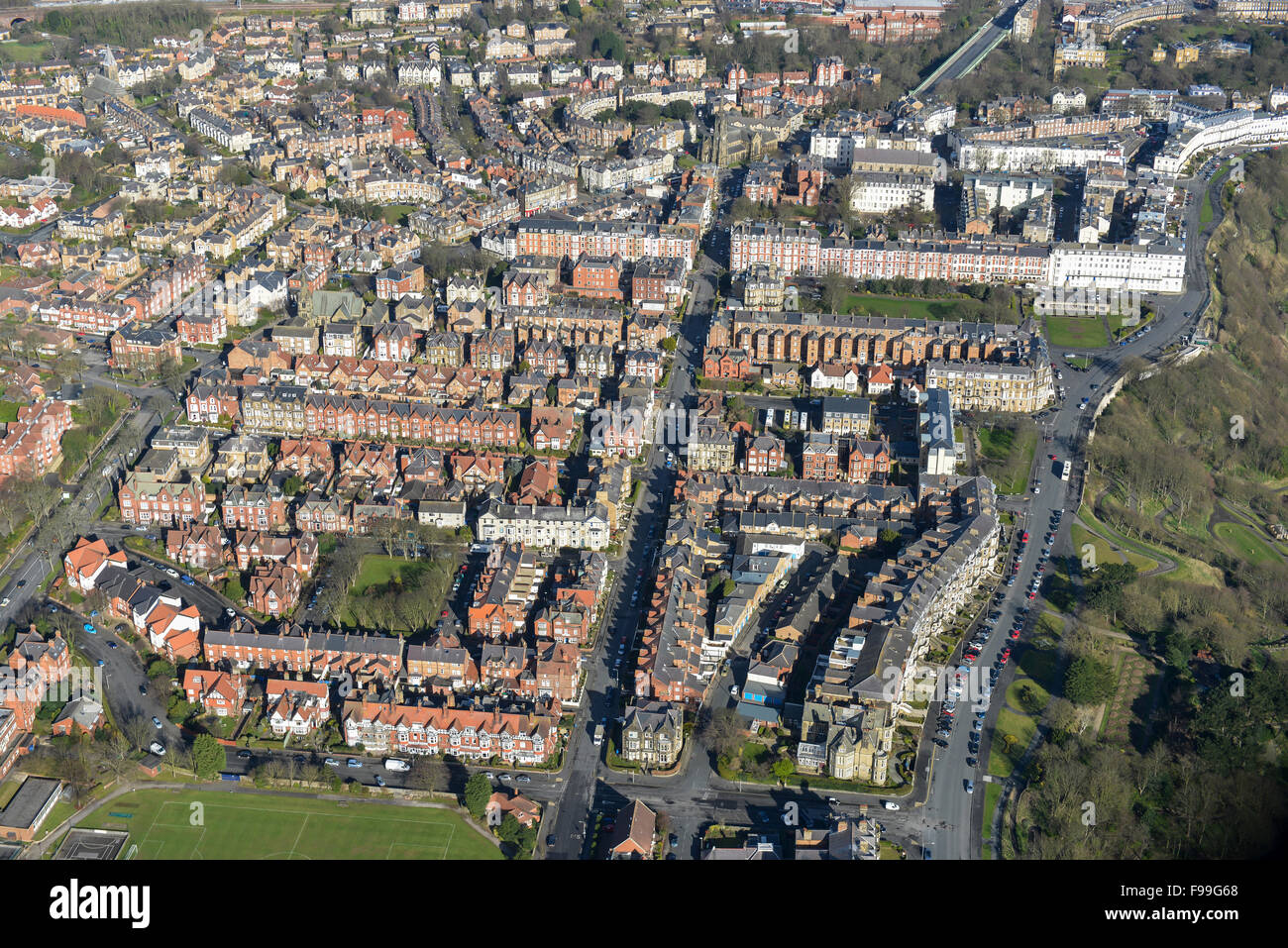 Una veduta aerea del Sud zona scogliera di Scarborough, North Yorkshire Foto Stock