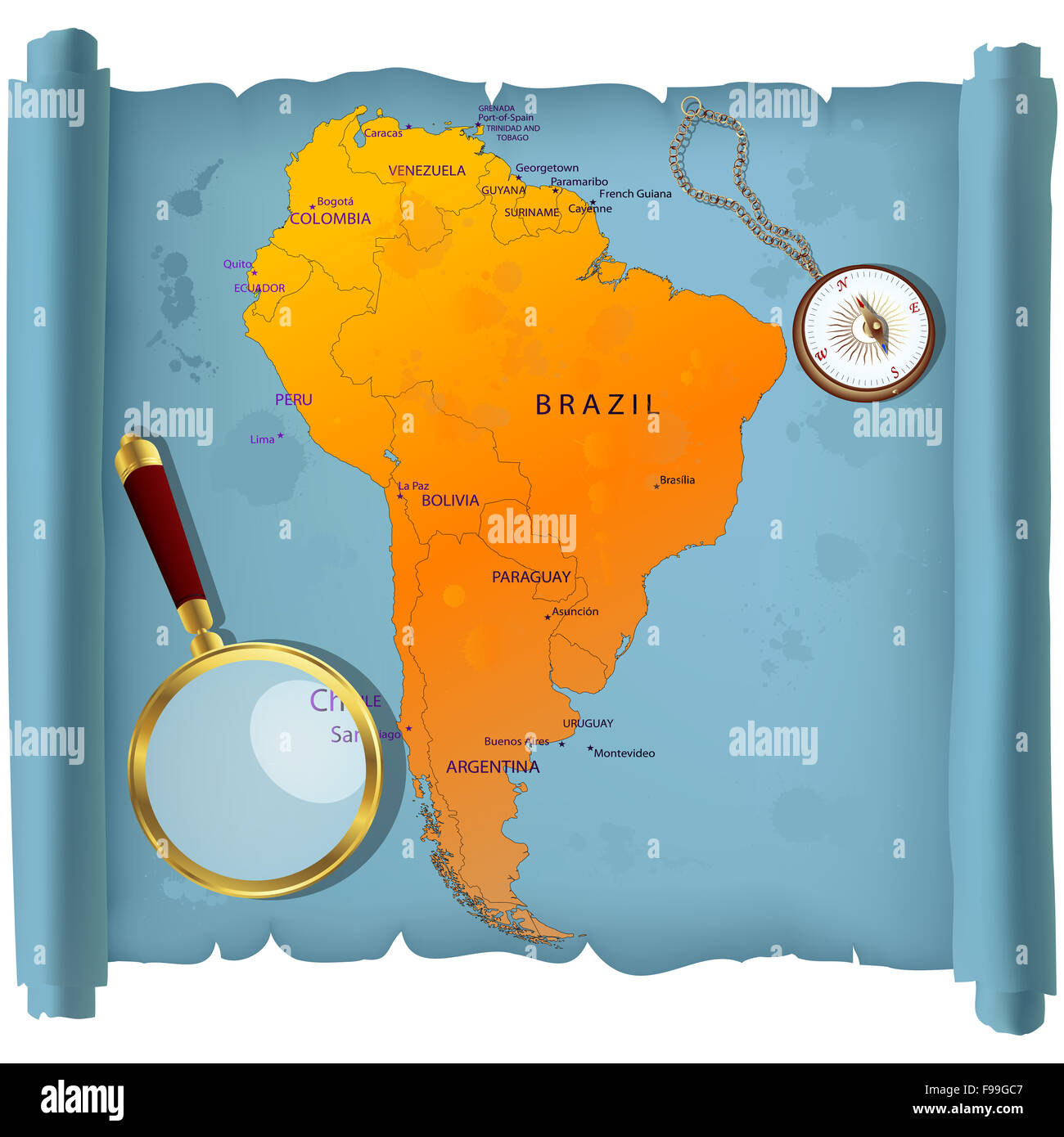 Sud America mappa su un rotolo Foto Stock