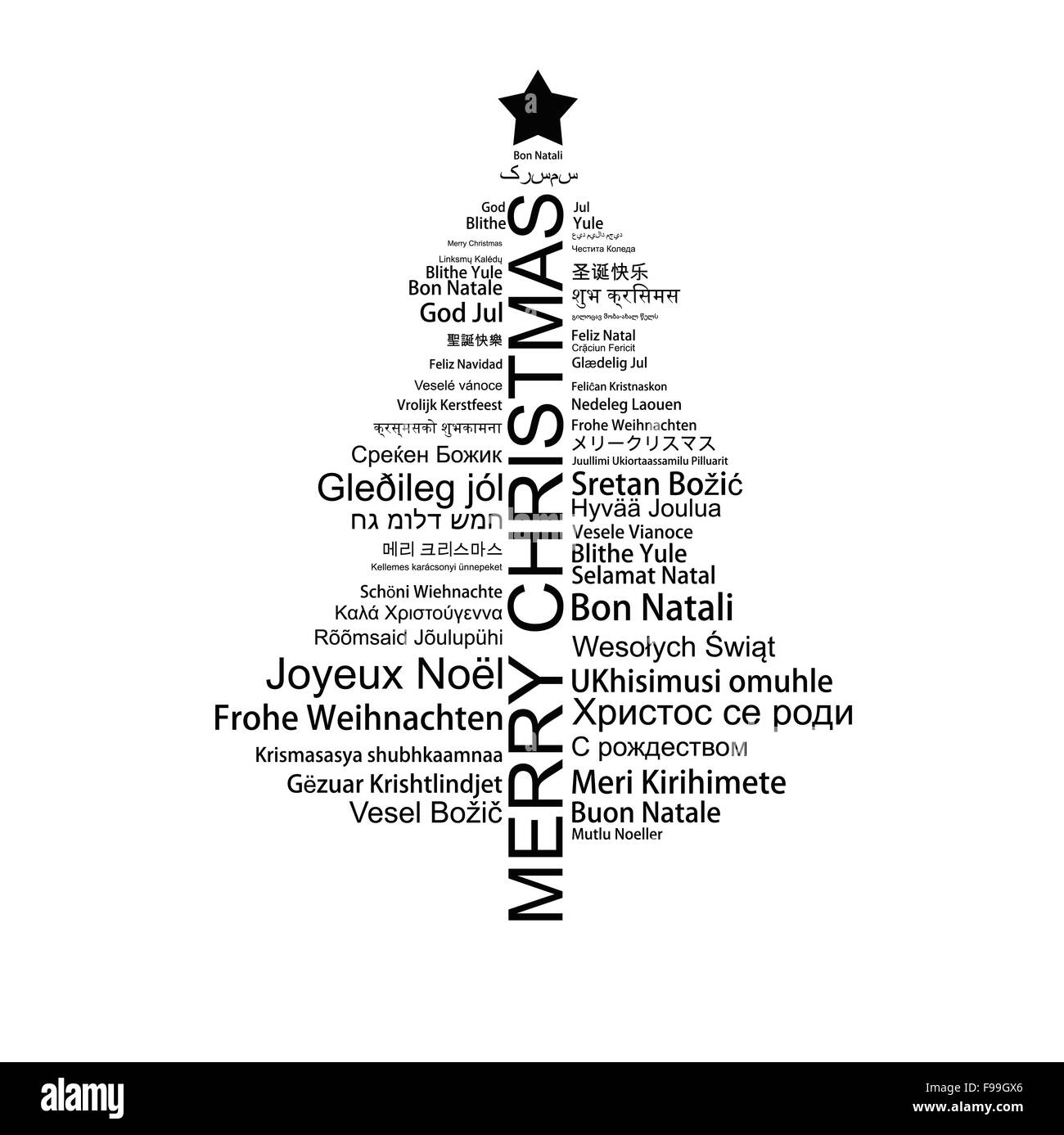 Buon Natale Tag Cloud conformata come un albero di Natale Foto Stock