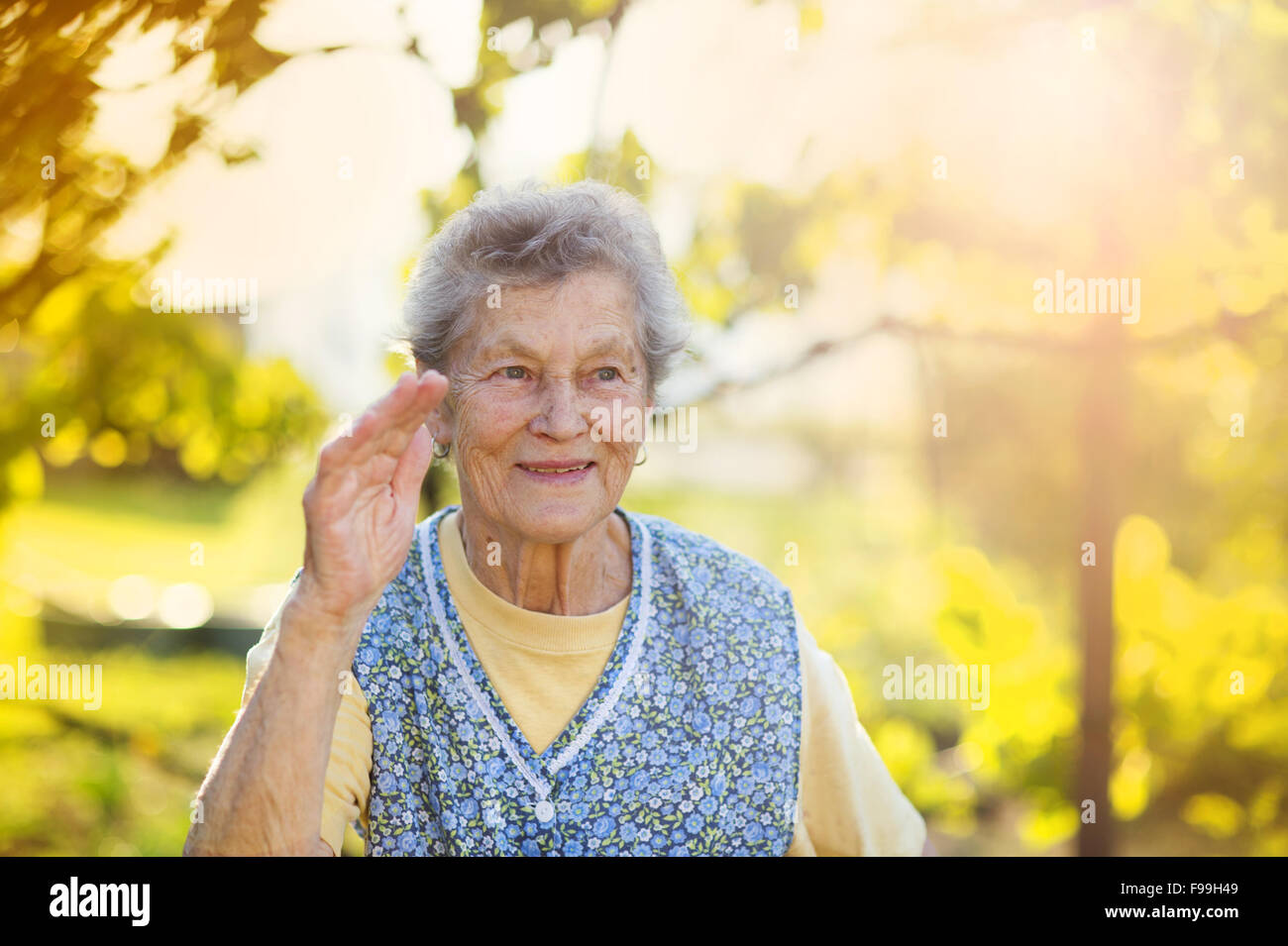 Ritratto di donna senior in grembiule nel giardino soleggiato Foto Stock