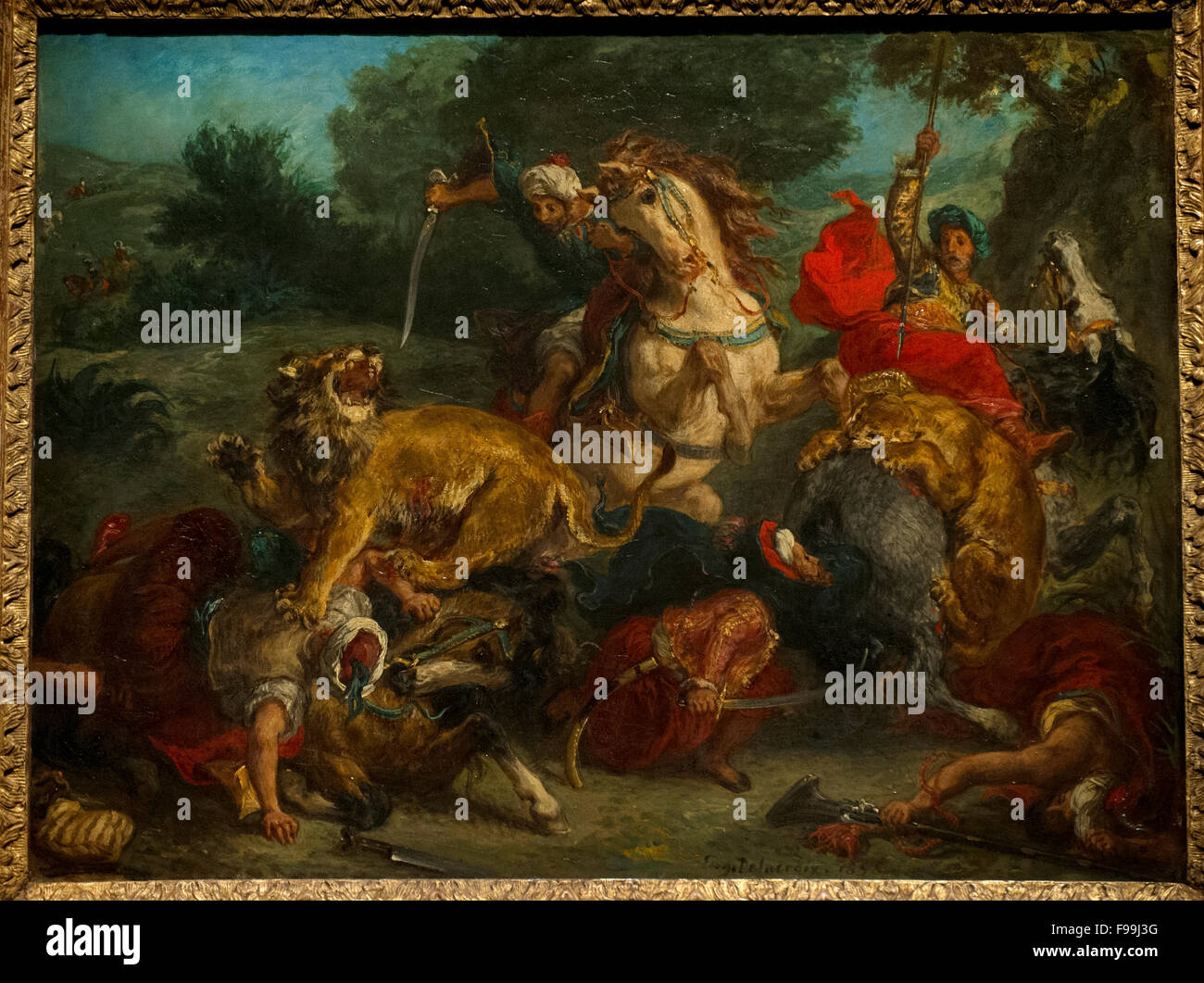 Eugene Delacroix (1798 - 1863). Pittore Francese. Il Lion Hunt, 1855 o 1856. Museo Nazionale. Stoccolma. La Svezia. Foto Stock