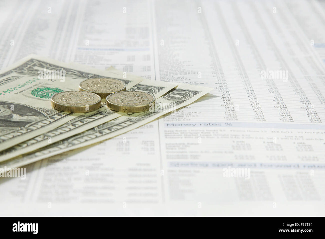 American un dollaro e British una libbra di monete su una carta di notizie Foto Stock
