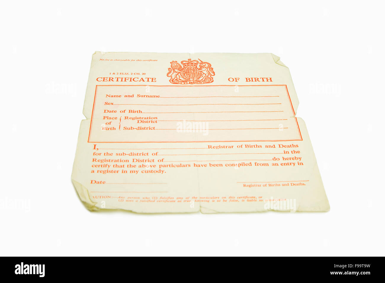 Bianco antico Regno Unito certificato di nascita Foto Stock
