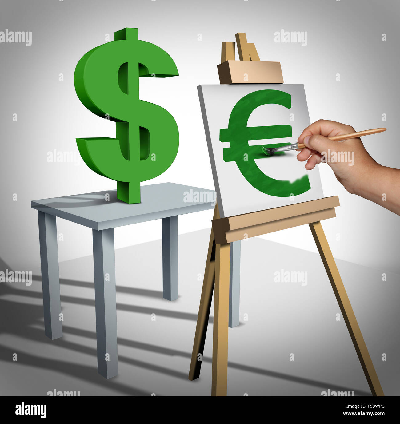 La conversione di valuta e lo scambio di denaro business finanziario nozione come un tridimensionale dollar sign essendo dipinta su una tela come un euro Valore nominale icona e un simbolo delle finanze per scambi monetari. Foto Stock