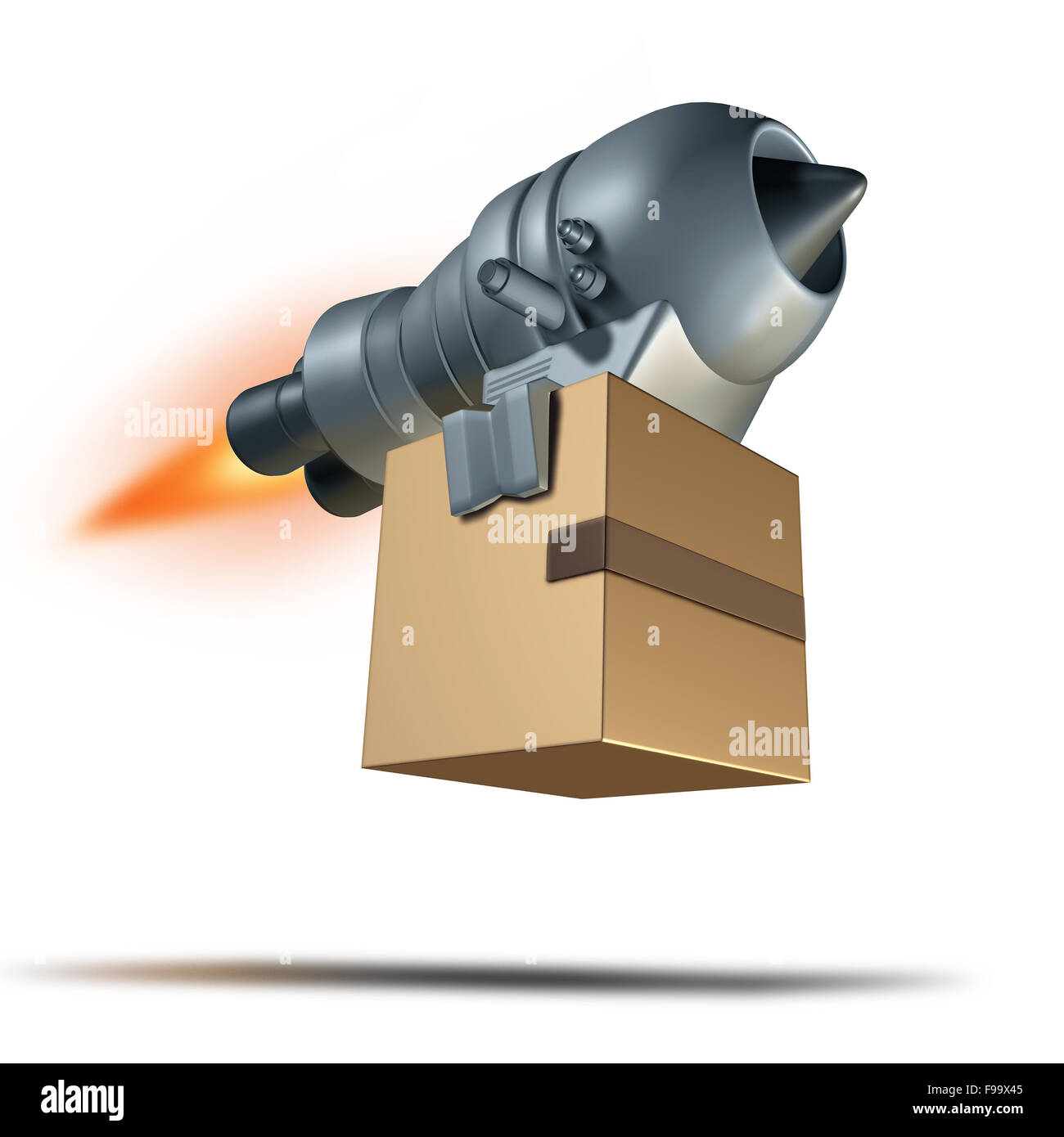 Servizio di consegna Express simbolo e il trasporto di merci un concetto per corriere veloce spedizione come motore di un razzo soffiatura per fornire rapidamente una scatola di imballaggio spedizione. Foto Stock
