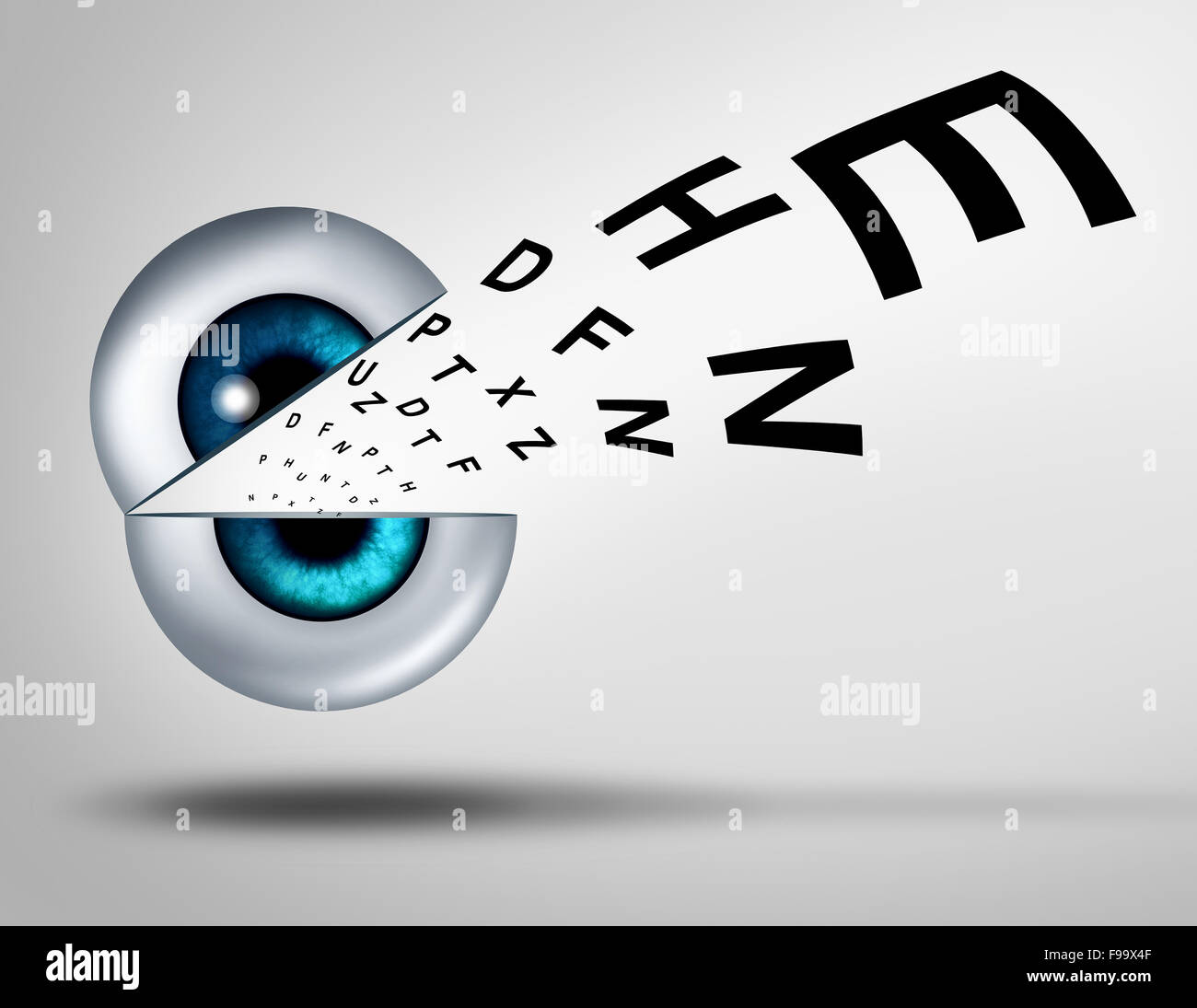 Eye vision concept occhi per occhi sani con una buona messa a fuoco oculare utilizzando una cruna aperta con un grafico emergenti per aiutare la messa a fuoco per vicino avvistato e lungimiranti retina e diagnosi di lente da una all'ottico optometrista per oftalmologia. Foto Stock