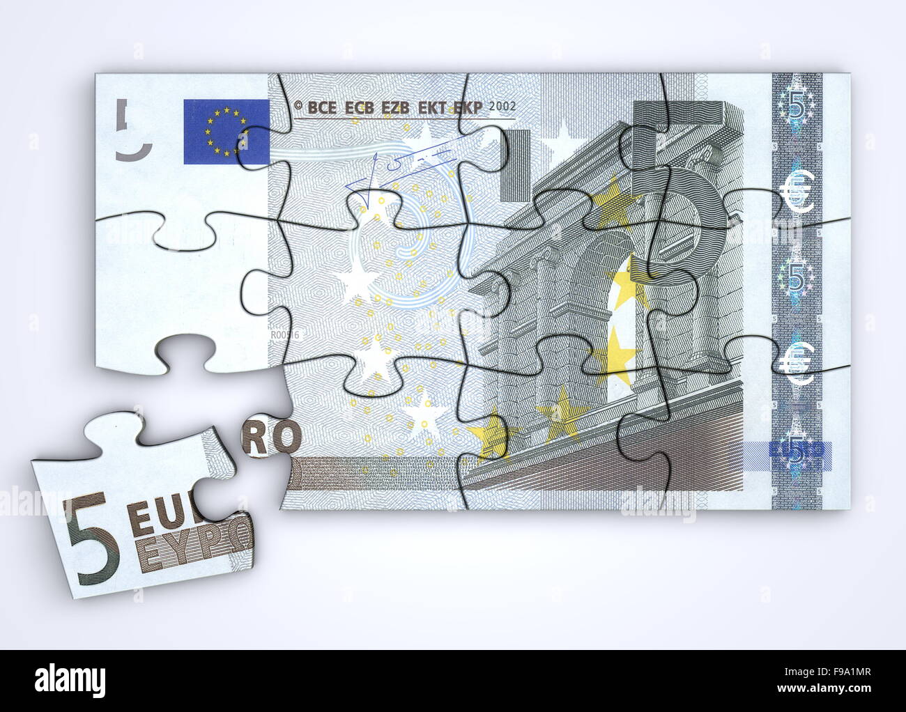 5 Euro Nota Puzzle - Vista Superiore Foto Stock 5 Euro Nota Puzzle - Vista Superiore Foto Stock