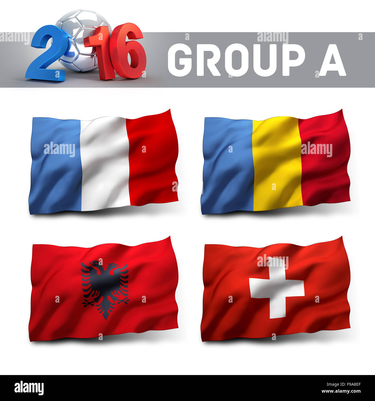 Francia 2016 qualifica del gruppo A con il team di bandiere. Calcio europeo della concorrenza. Foto Stock