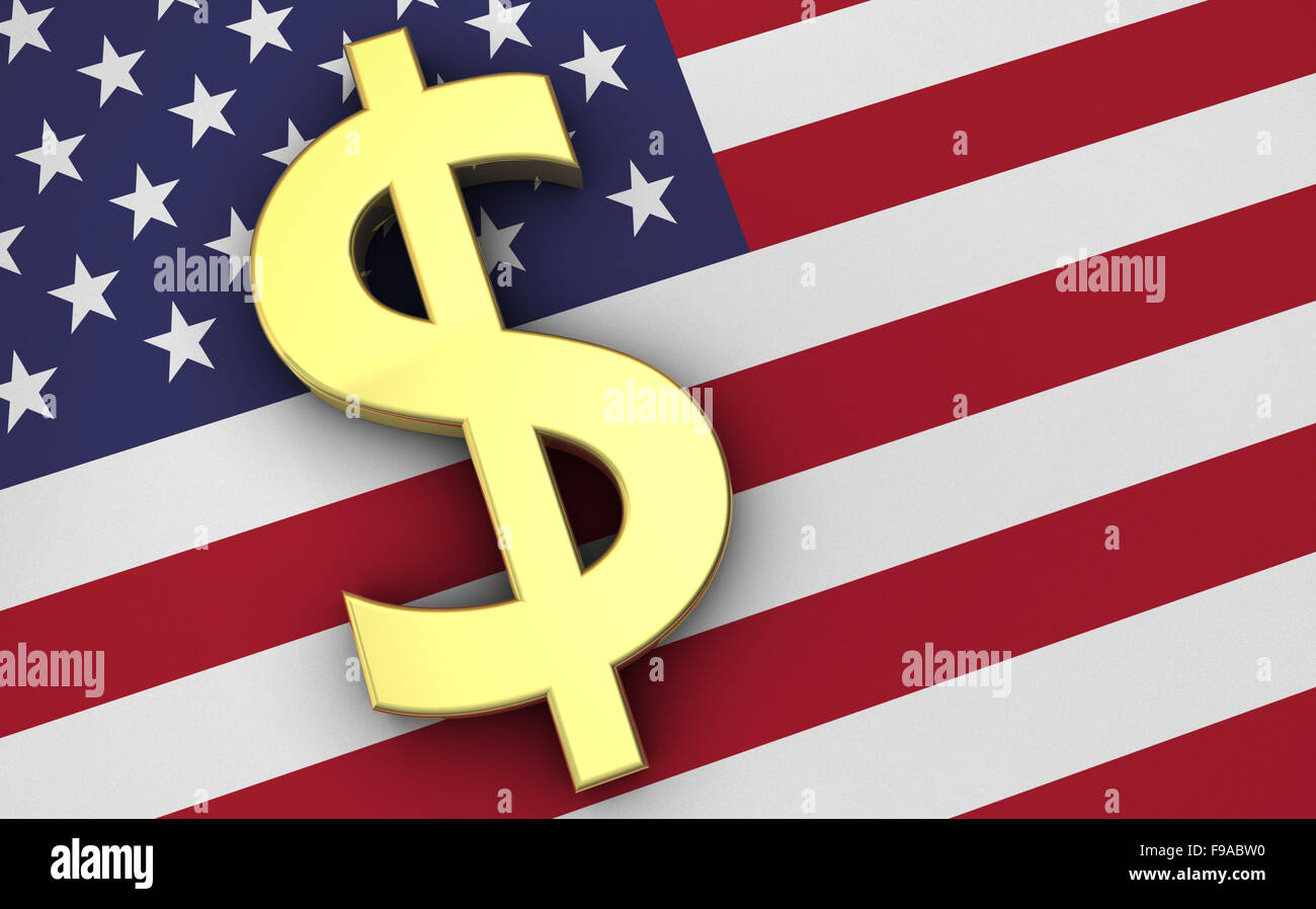 Stati Uniti d'America economia concetto con noi bandiera e golden soldi dollari USA il simbolo di valuta. Foto Stock