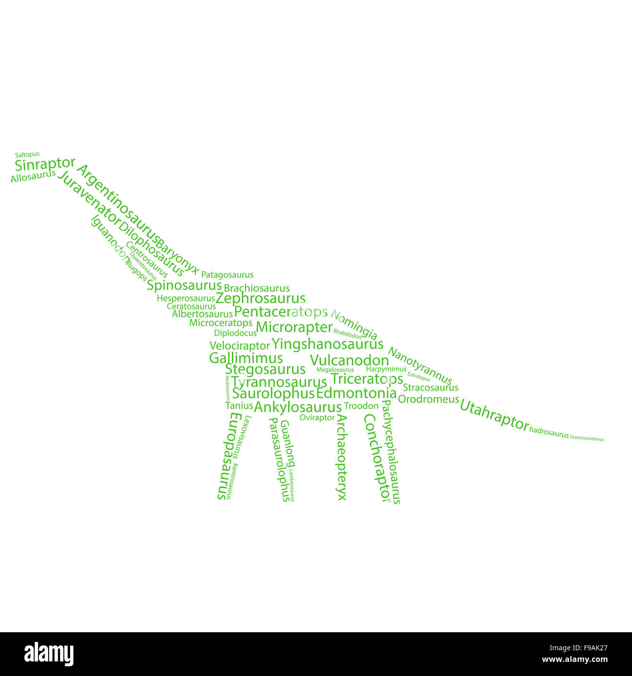 I nomi di dinosauri in una forma di dinosauro illustrazione Foto Stock