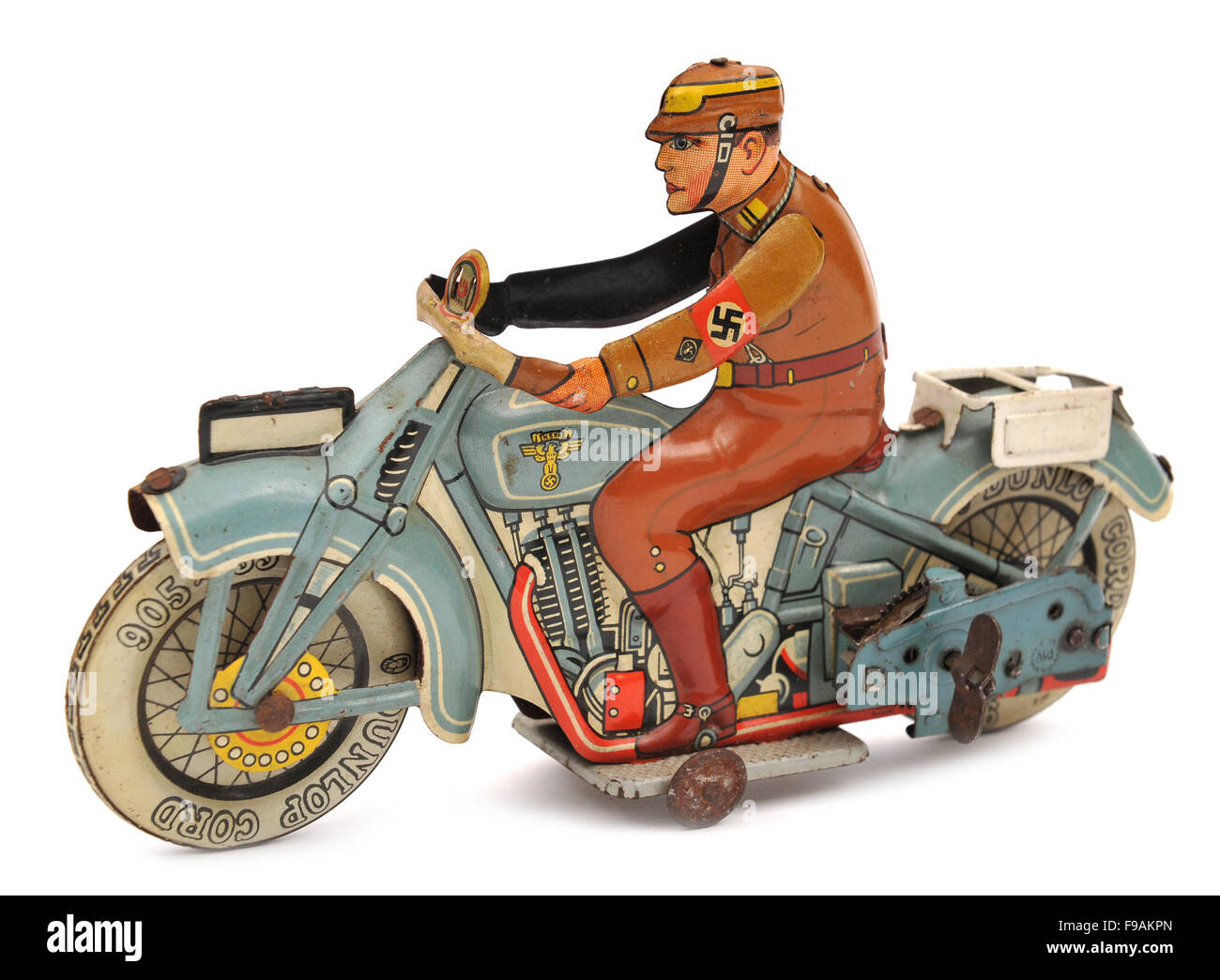 Il tedesco della banda stagnata orologeria motociclo con nazista rider giocattolo per bambini è Foto Stock