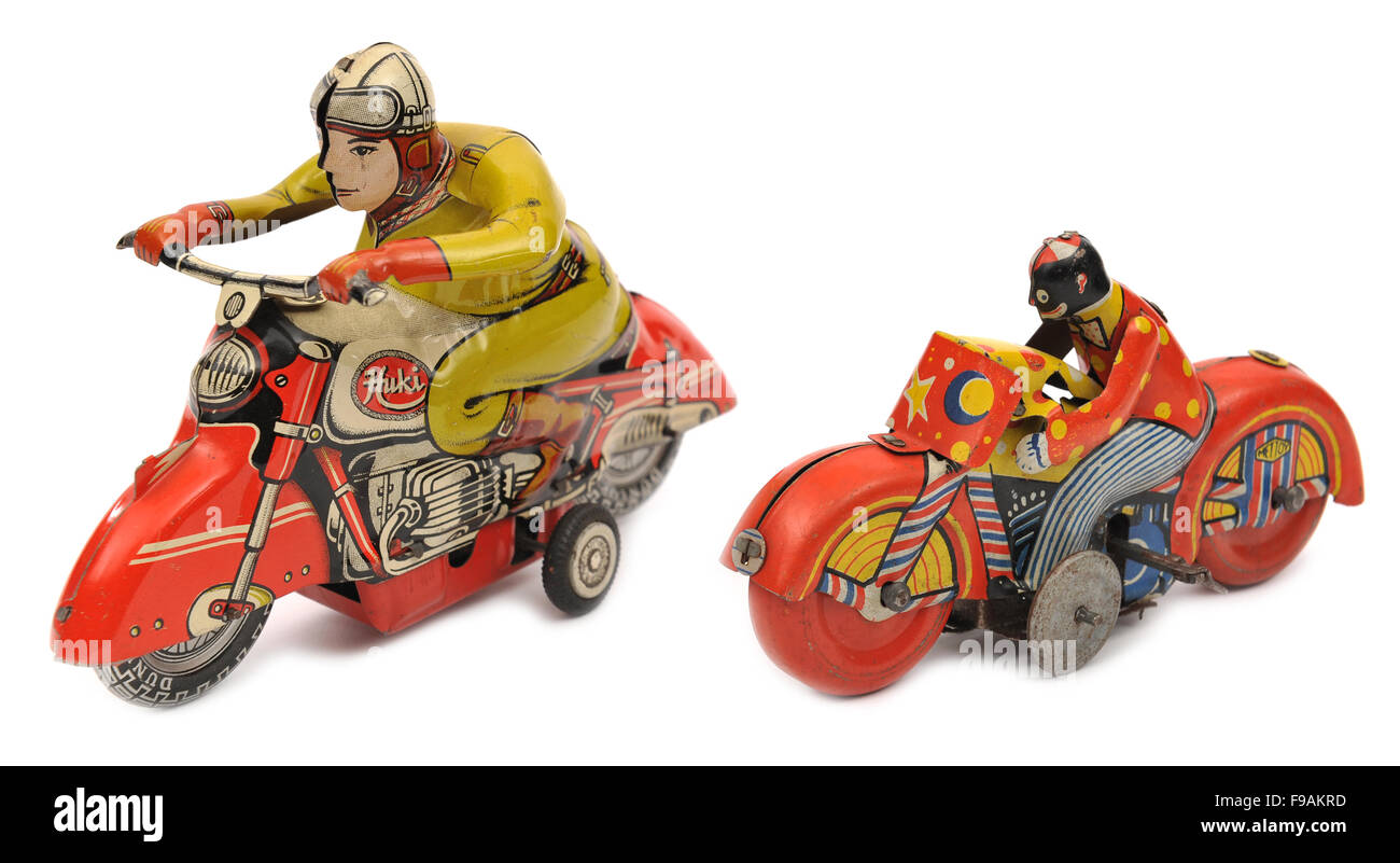 Huki e orologeria Mettoy latta motocicli giocattoli per bambini Foto Stock