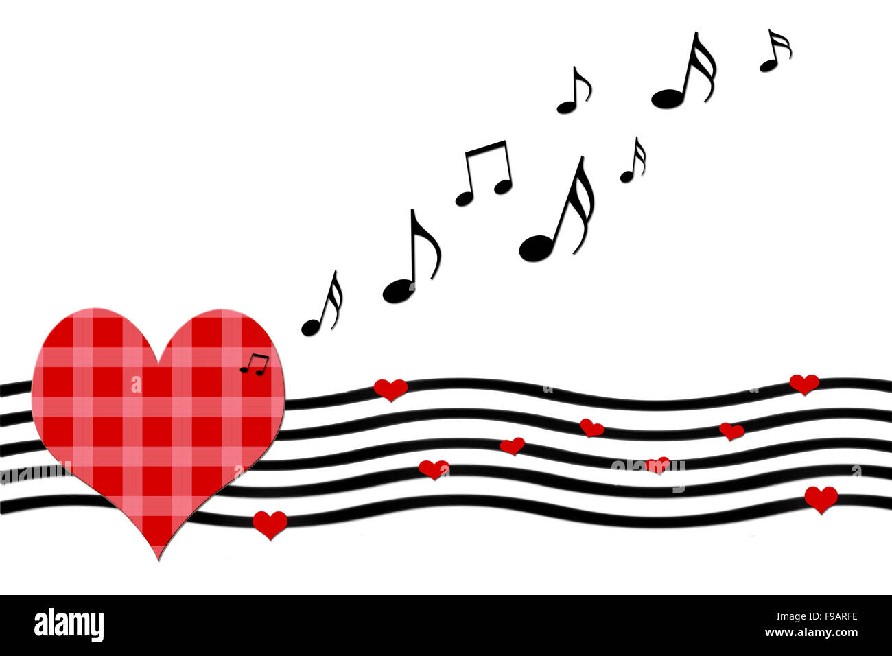 Love Song biglietto di auguri con foglio di musica e forme di cuore su sfondo bianco Foto Stock