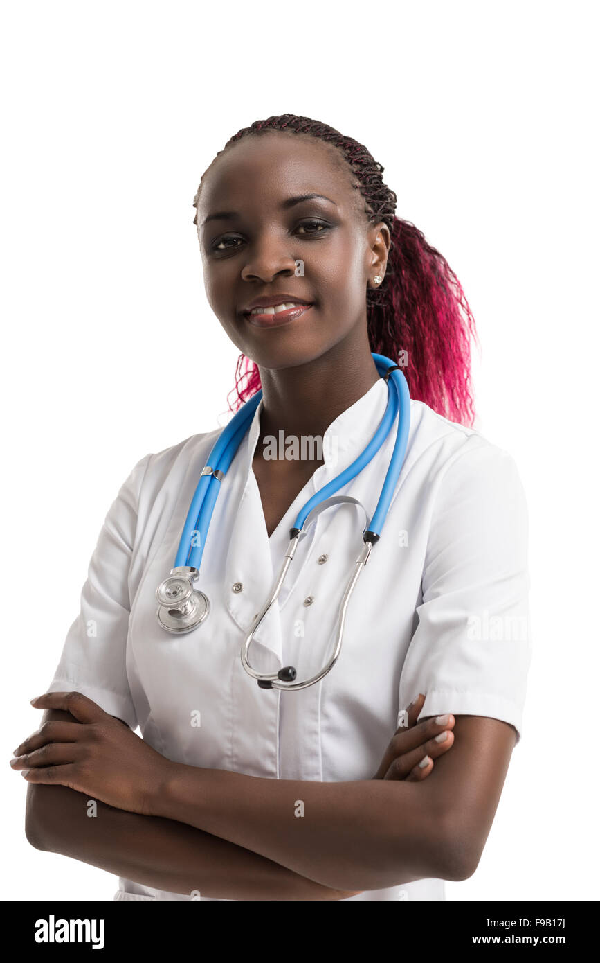 Felice americano africano medico di fiducia donna isolato su sfondo bianco Foto Stock