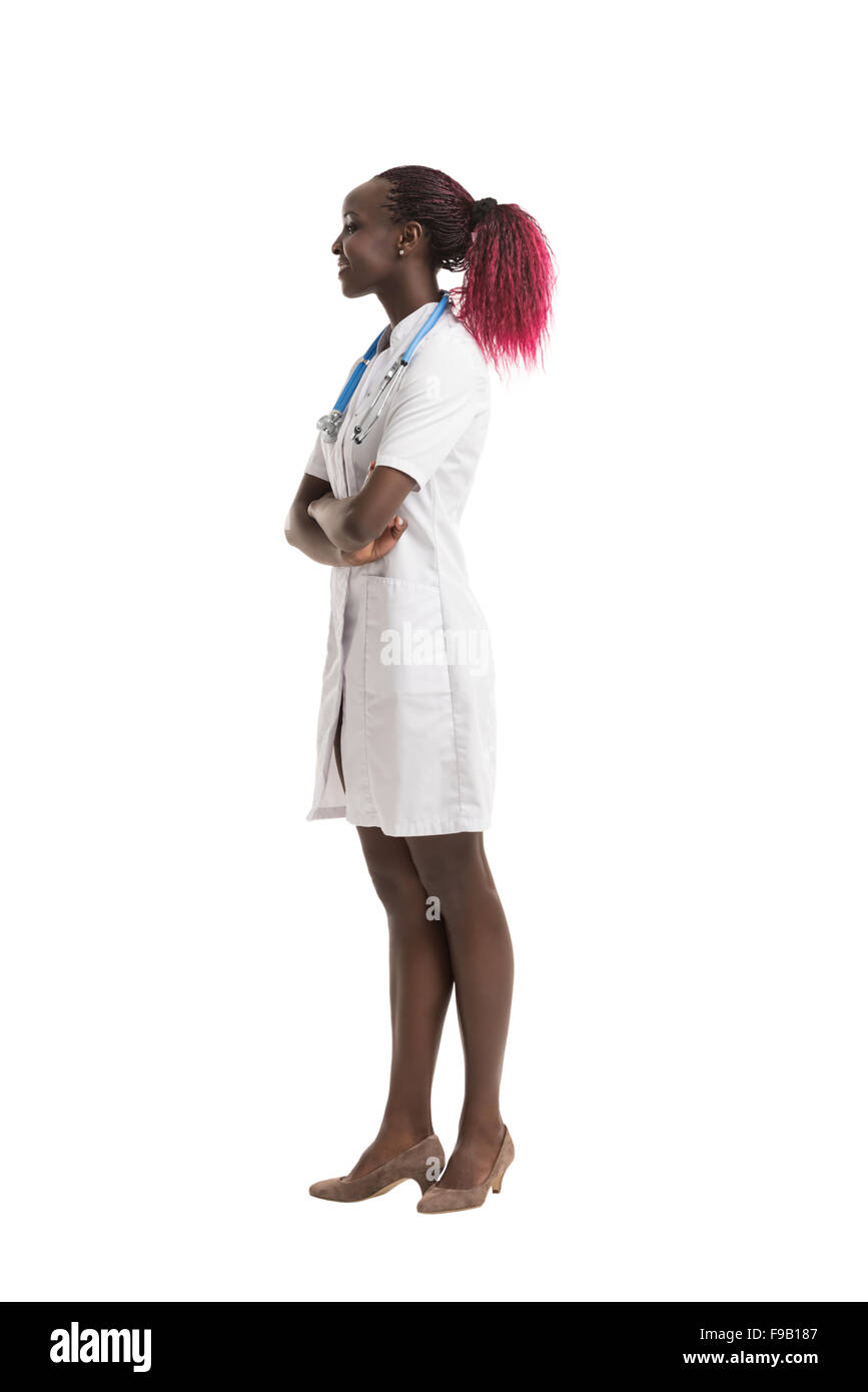 Felice americano africano medico di fiducia donna isolato su sfondo bianco Foto Stock