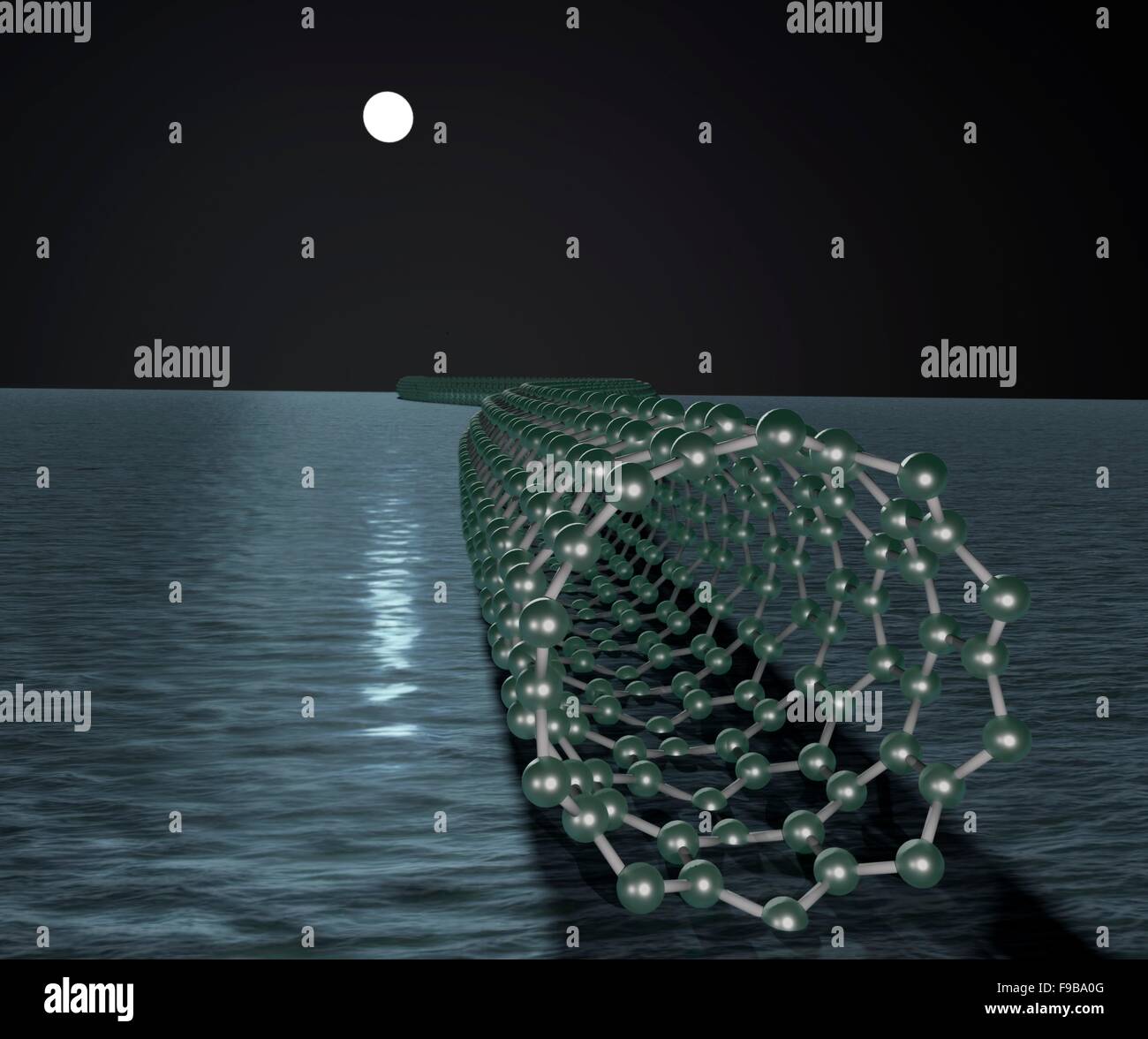 Nanotubo di carbonio galleggiante sul mare sotto una luna piena: potrebbe fare riferimento a vari usi e usi potenziali dei nanotubi in connessione Foto Stock