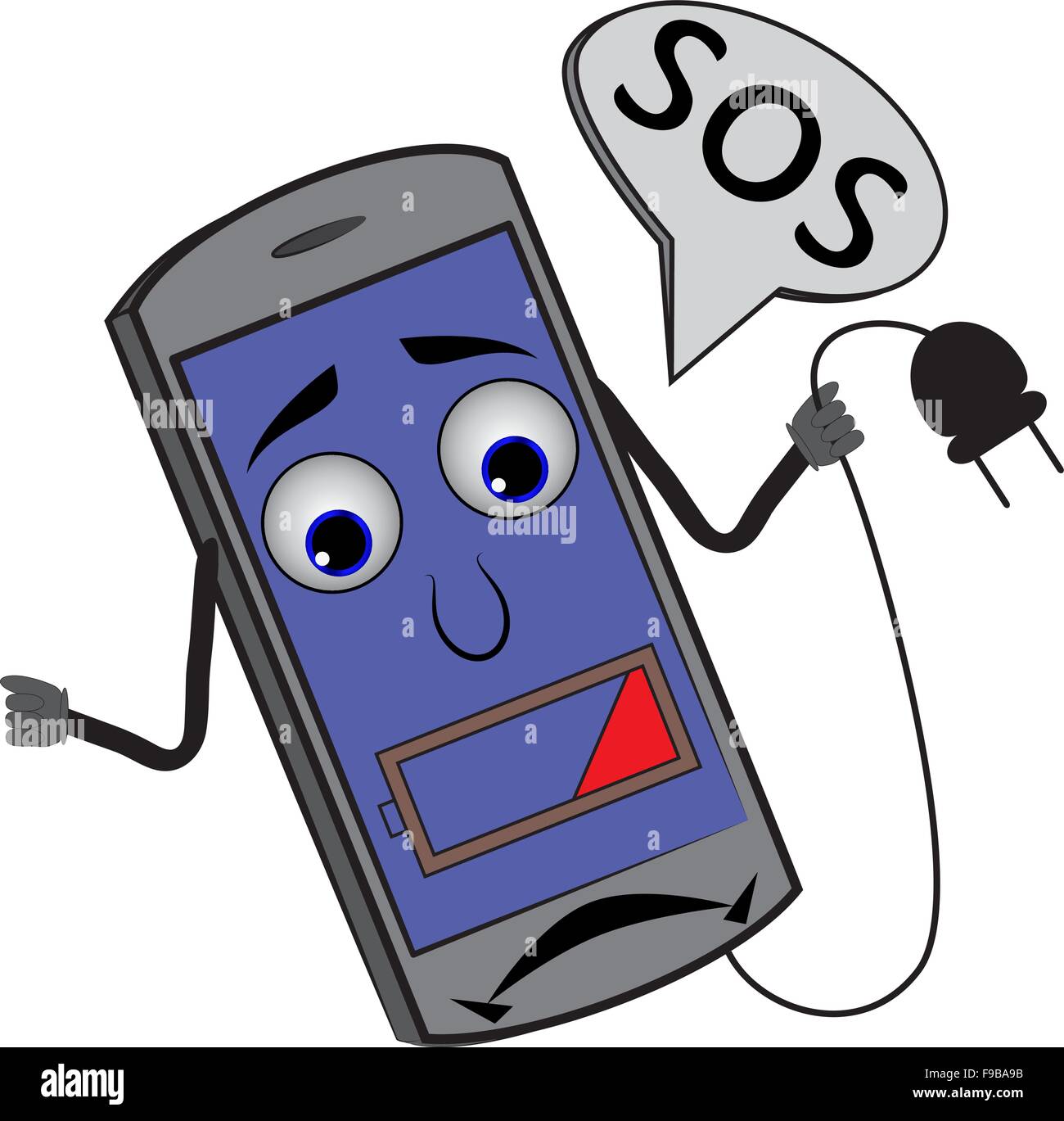 Cartoon cellulare con indicatore di carica 25%. Il telefono ricerca per una  uscita e detto SOS. Livello basso della batteria Immagine e Vettoriale -  Alamy