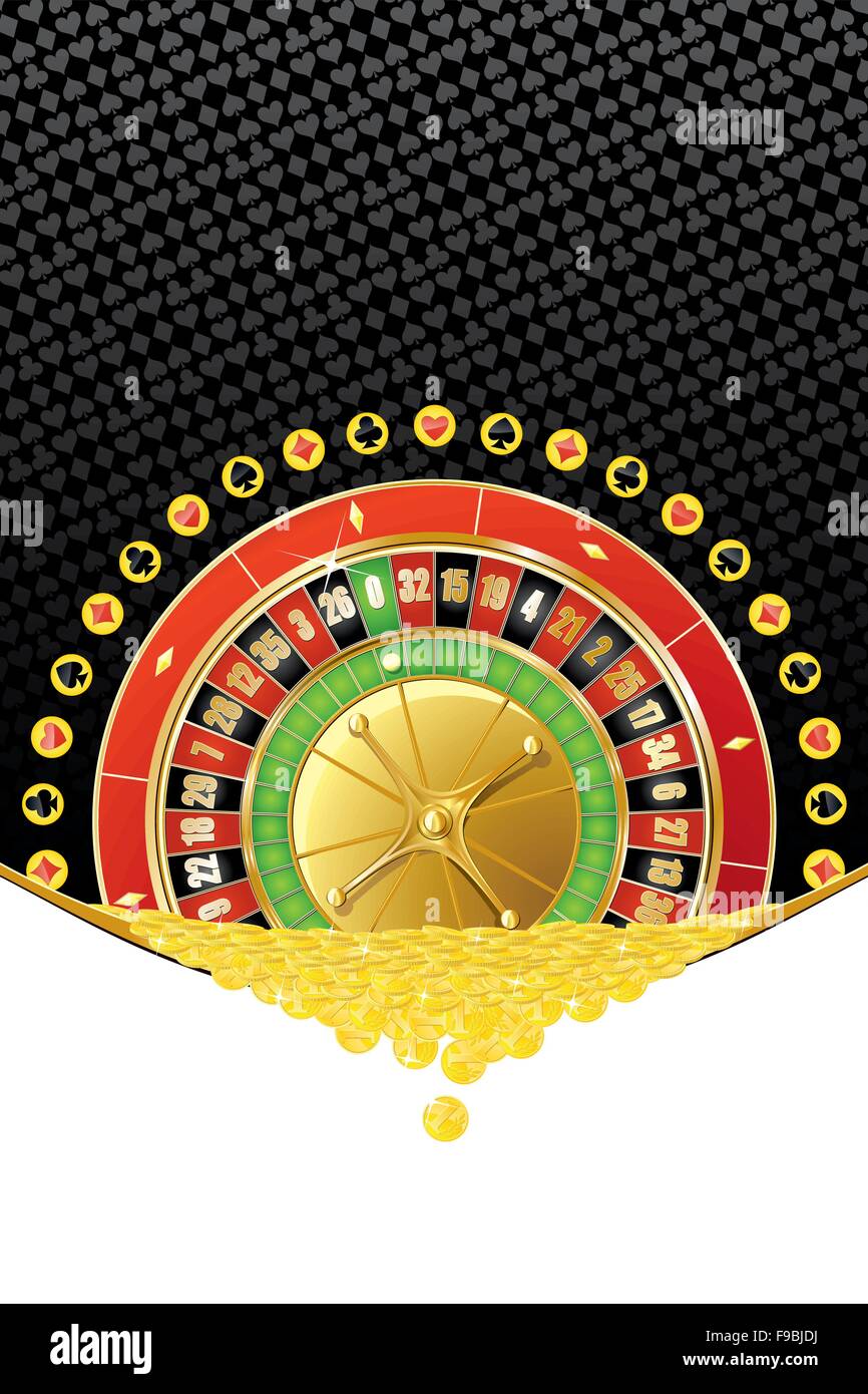 Abstract background del gioco d'azzardo con la ruota della roulette e la caduta delle monete d'oro. Adobe Illustrator EPS file8. Illustrazione Vettoriale