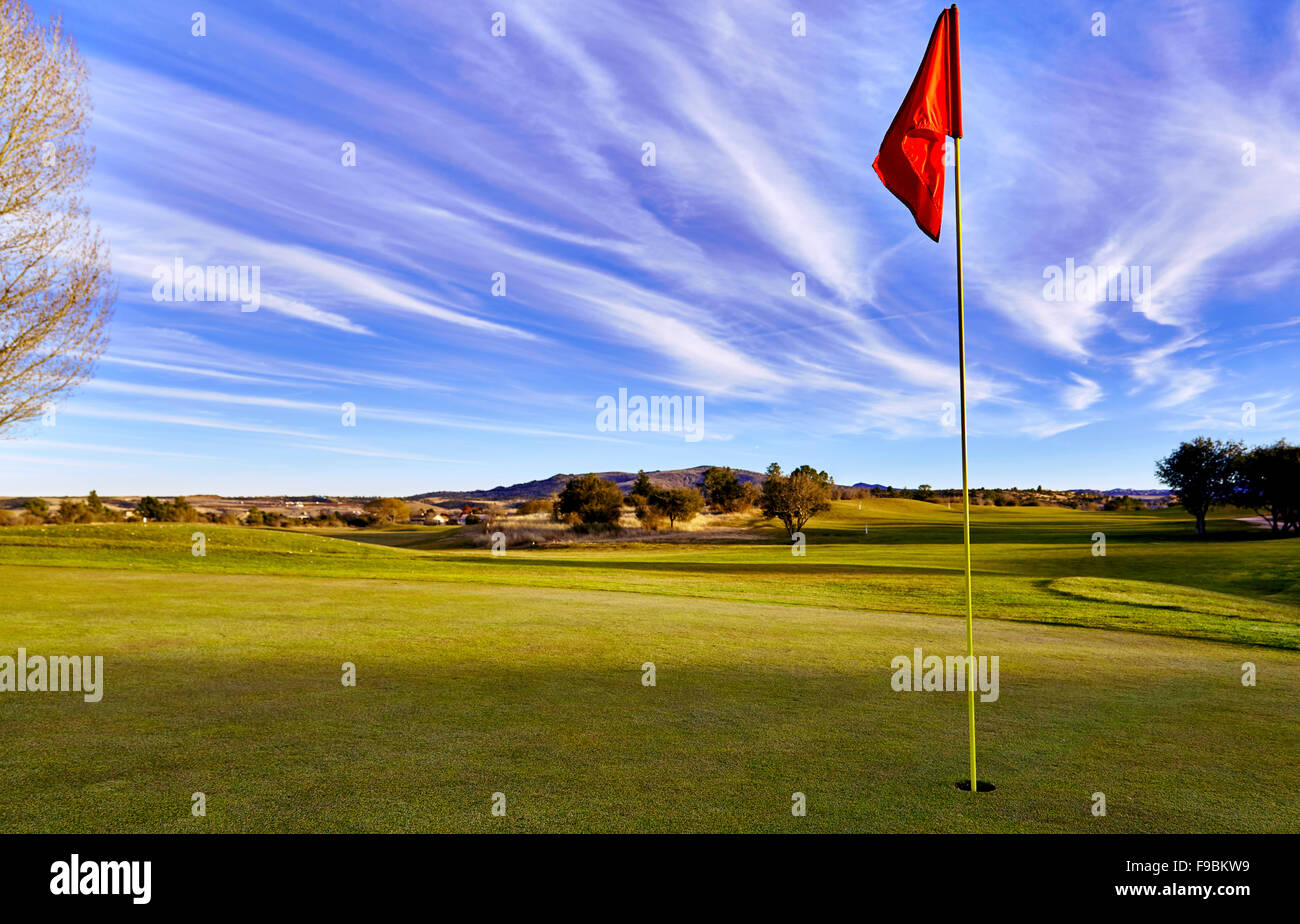 Campo da golf green in inverno con bandiera sul foro Foto Stock