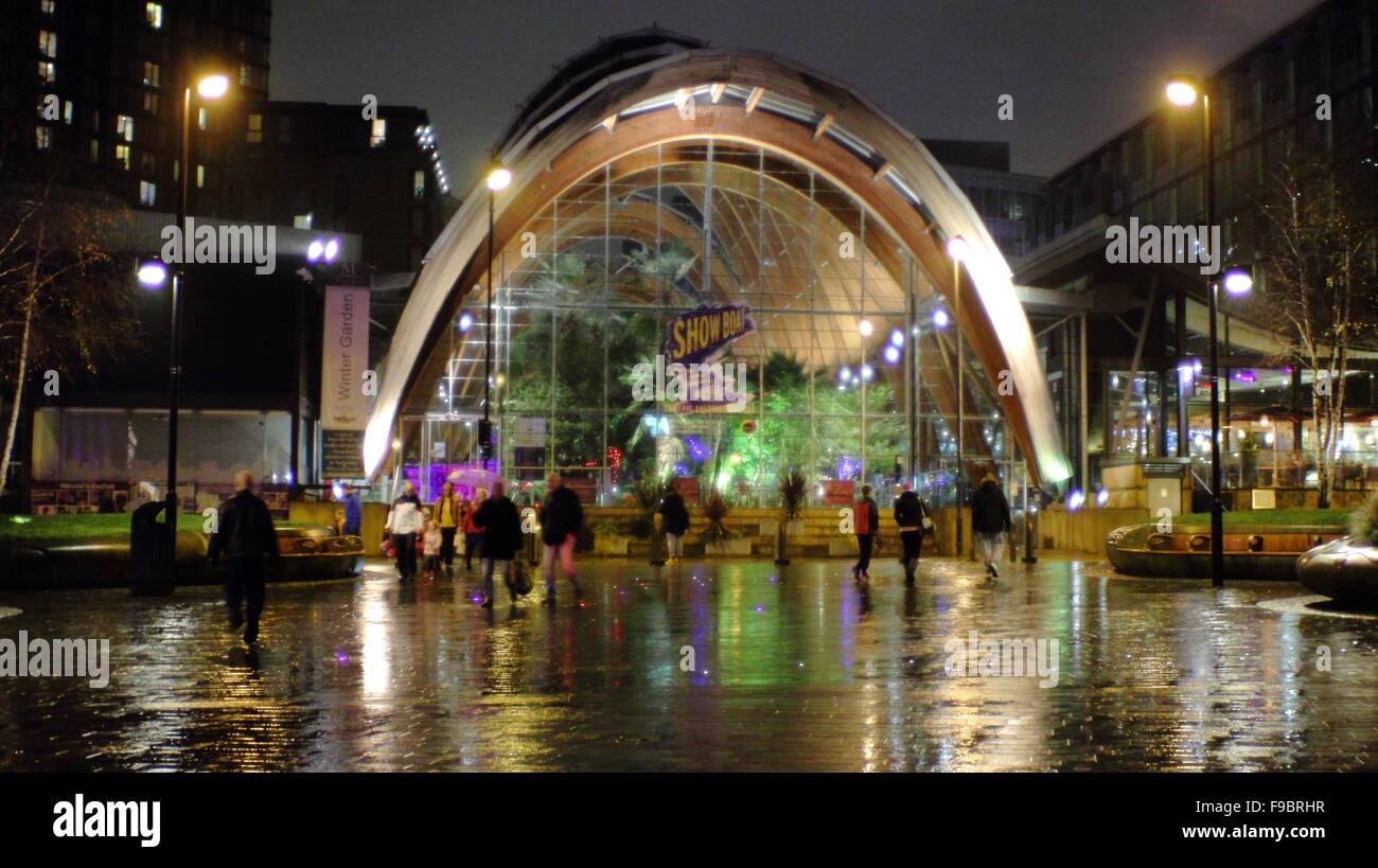 Il giardino di inverno in Surrey Street nel centro della città di Sheffield, South Yorkshire England Regno Unito - notte piovosa in inverno Foto Stock
