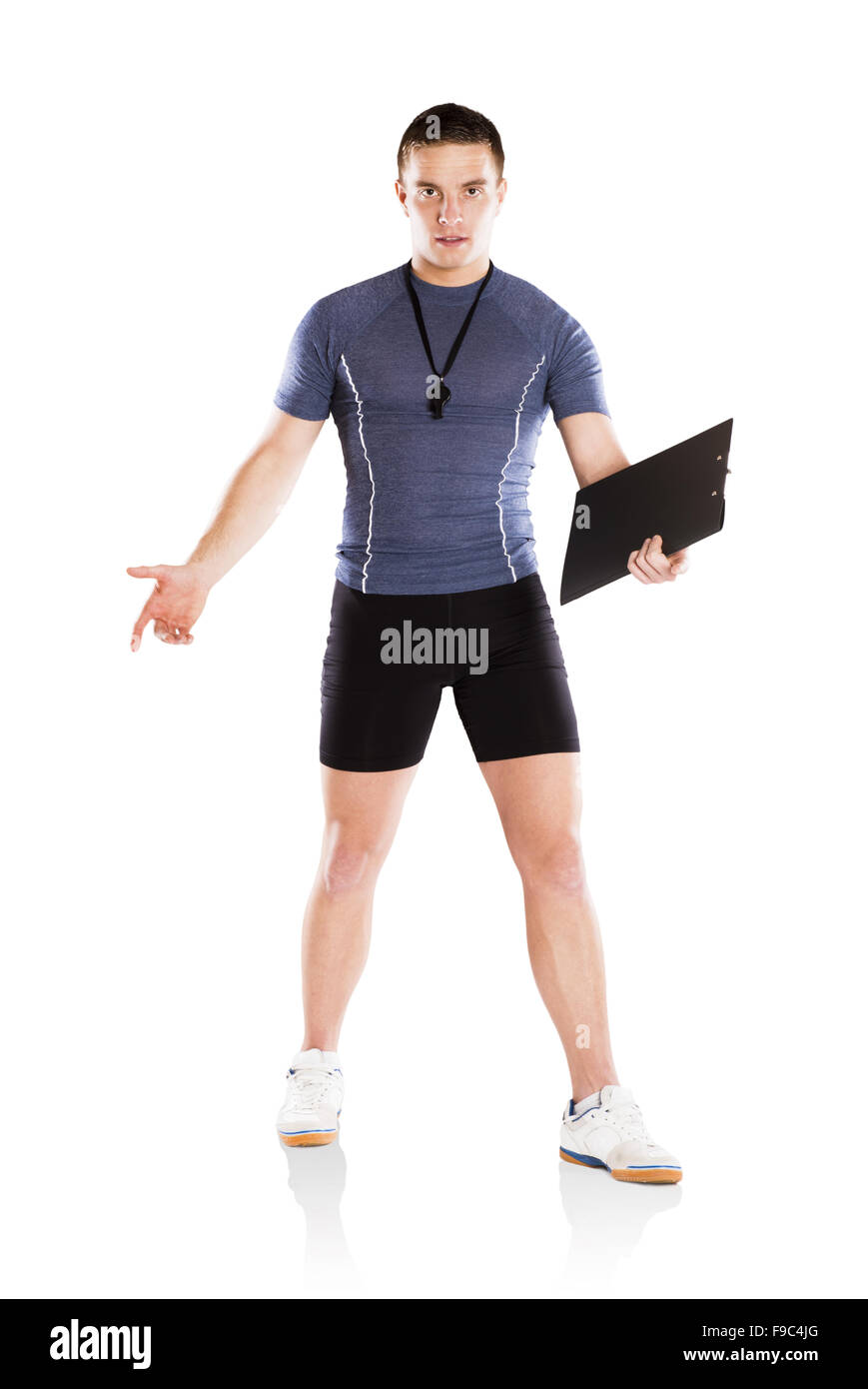 Professional fitness coach isolati su sfondo bianco Foto Stock