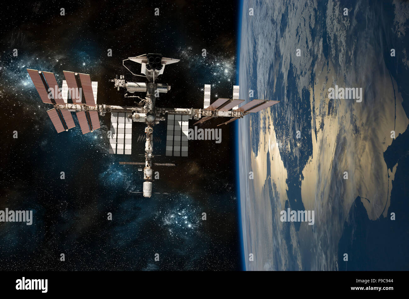 Una rappresentazione dello space shuttle attraccato alla stazione spaziale internazionale in orbita intorno alla terra. Foto Stock