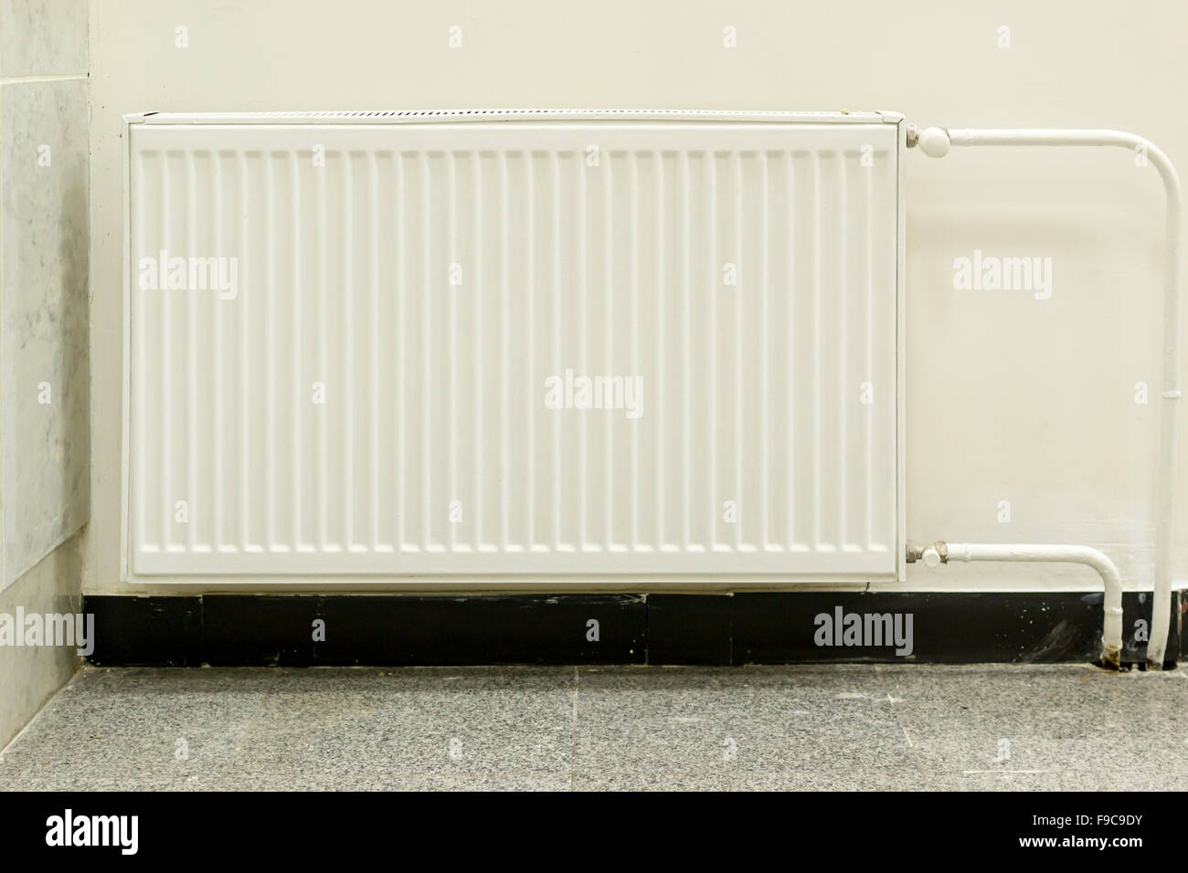 Singola installazione residenziale bianco radiatore fissato a una parete Foto Stock