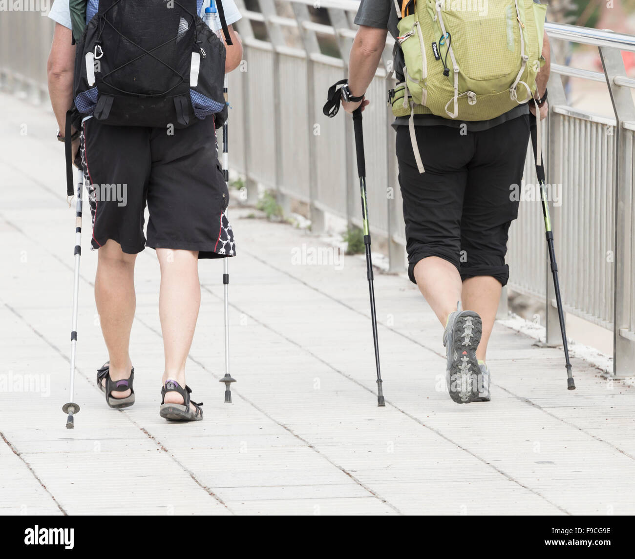 Coppia backpackers camminata con i bastoncini. Foto Stock