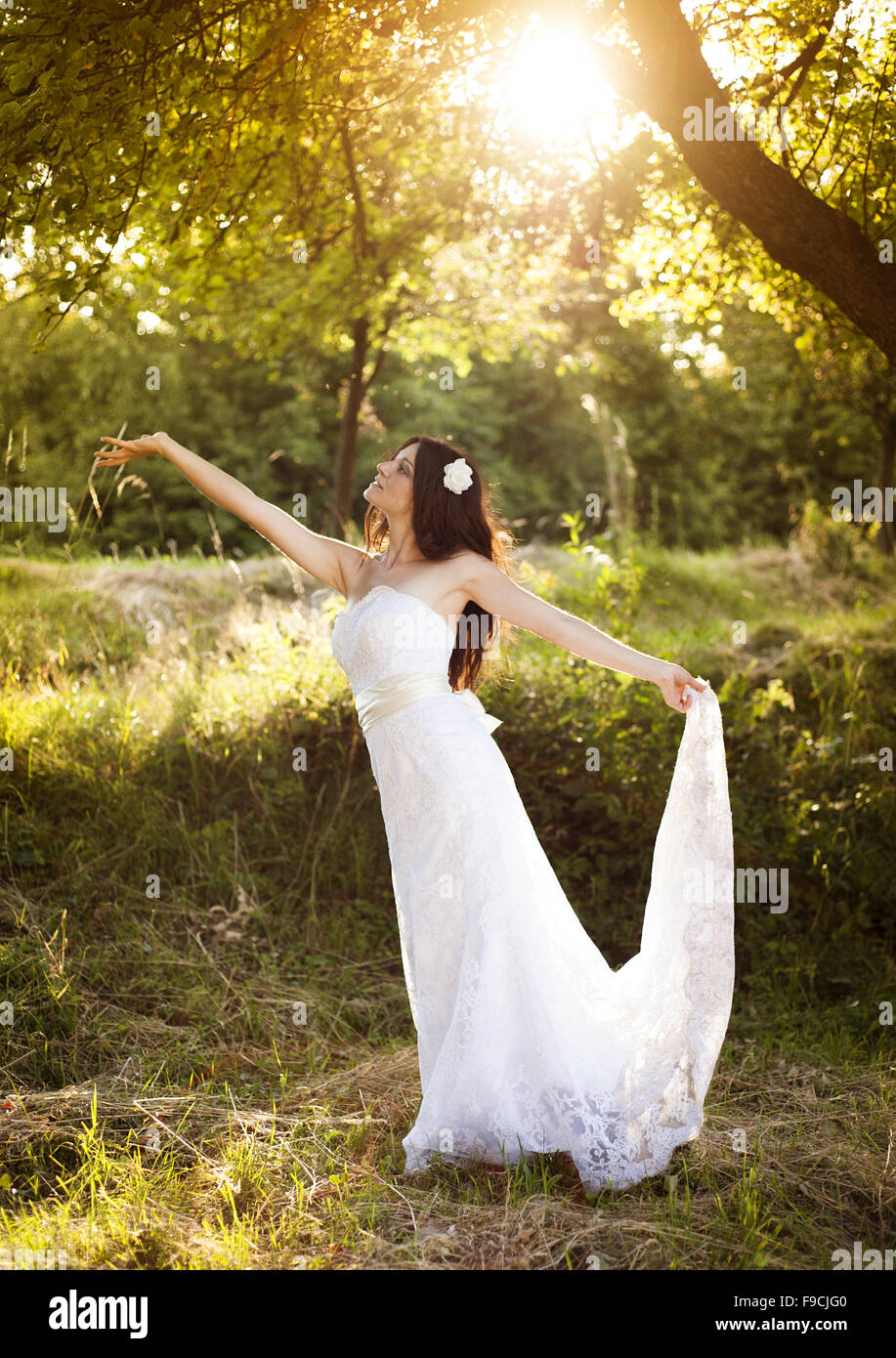 Ritratto di bella sposa in bianco abito da sposa a prato Foto Stock