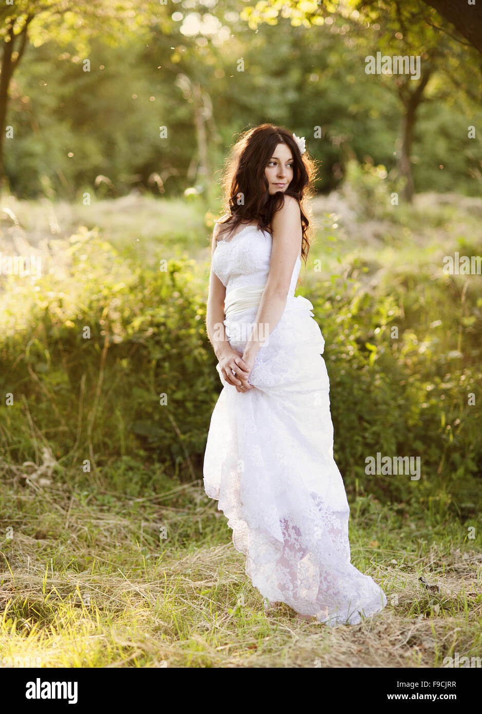 Ritratto di bella sposa in bianco abito da sposa a prato Foto Stock