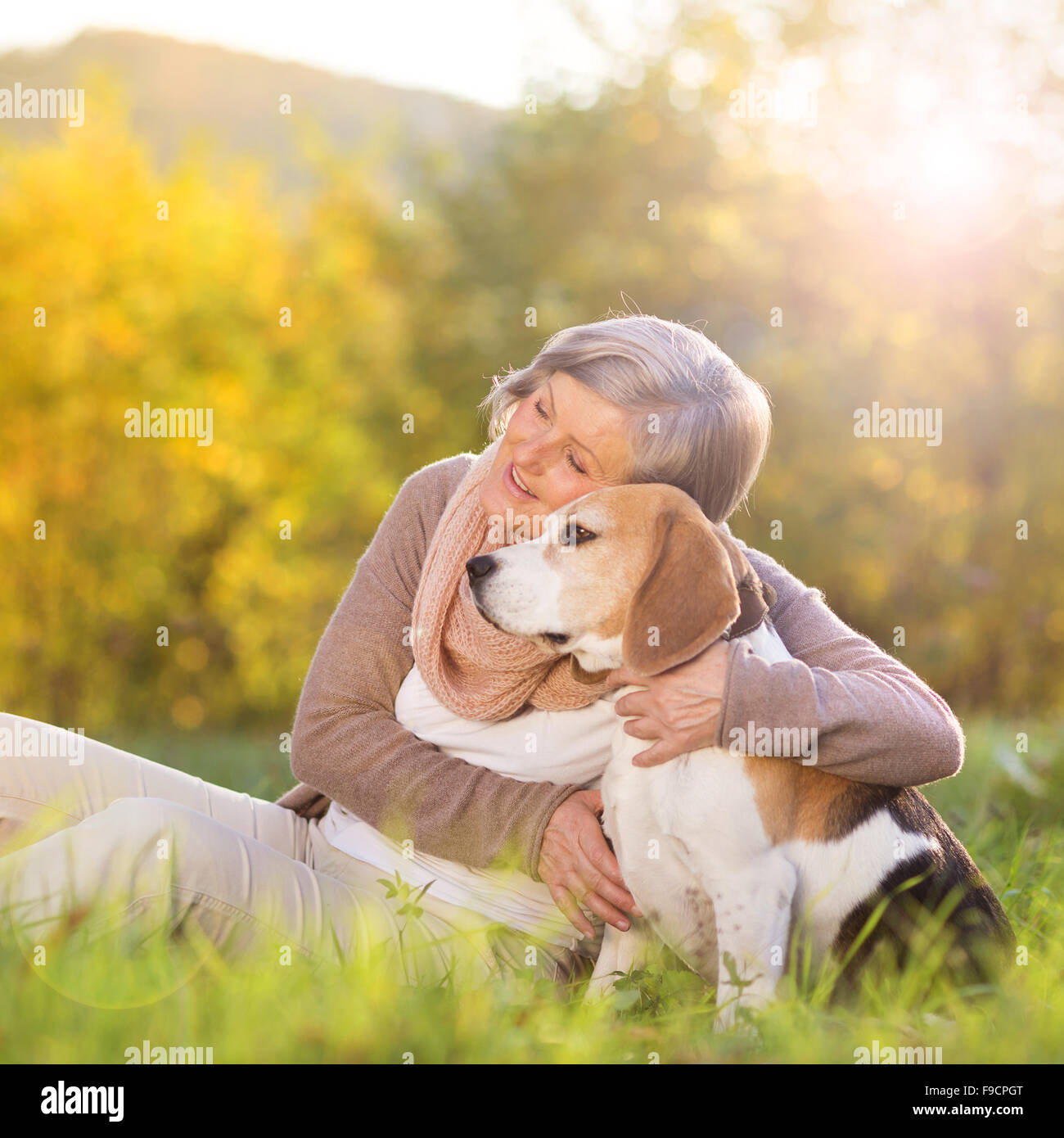Senior donna avvolge il suo cane beagle in campagna Foto Stock