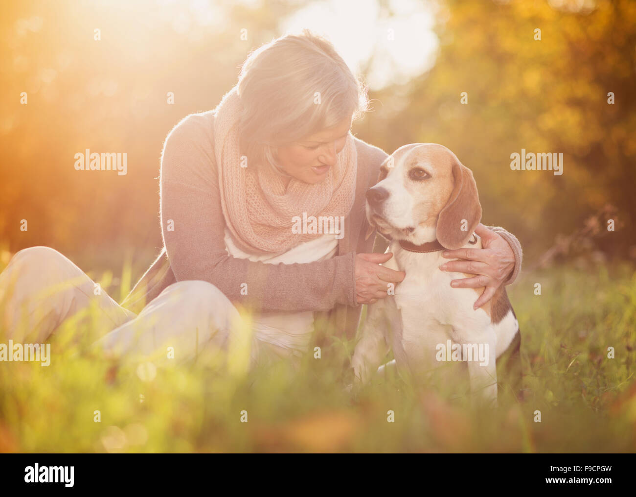 Senior donna avvolge il suo cane beagle in campagna Foto Stock