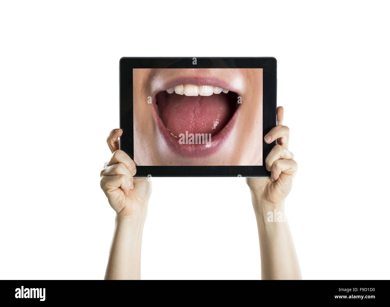Dental closeup con schermo tablet, isolato su bianco Foto Stock